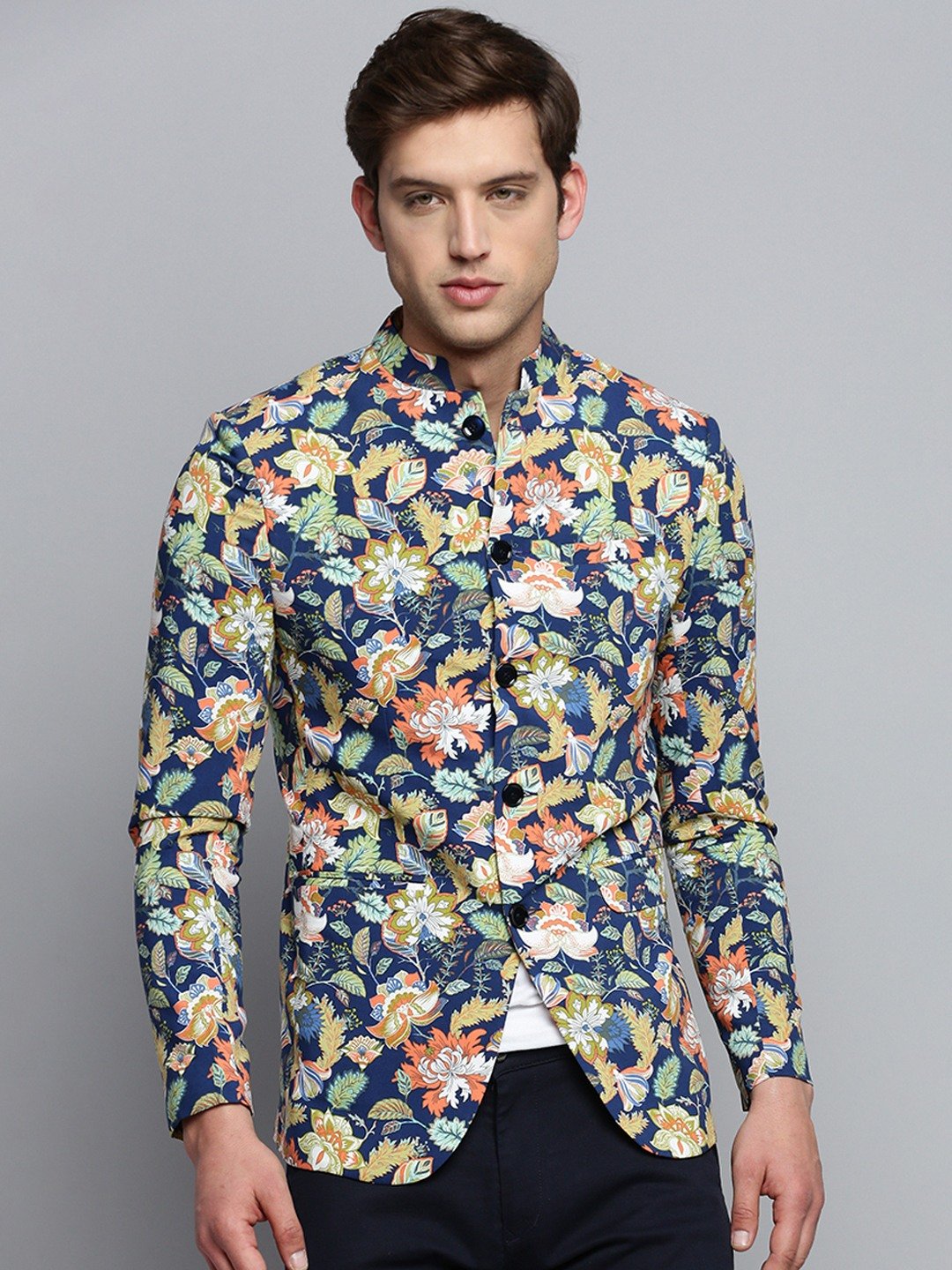 SHOWOFF Men's Printed Mandarin Collar Blue Bandhgala Blazer
