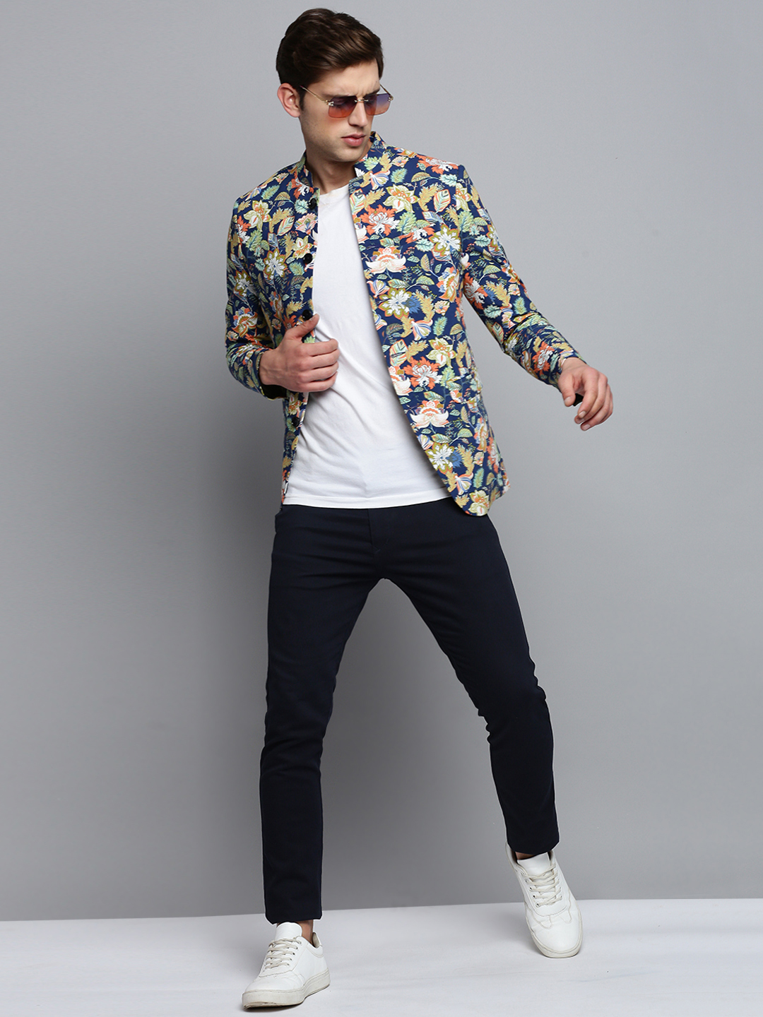 SHOWOFF Men's Printed Mandarin Collar Blue Bandhgala Blazer
