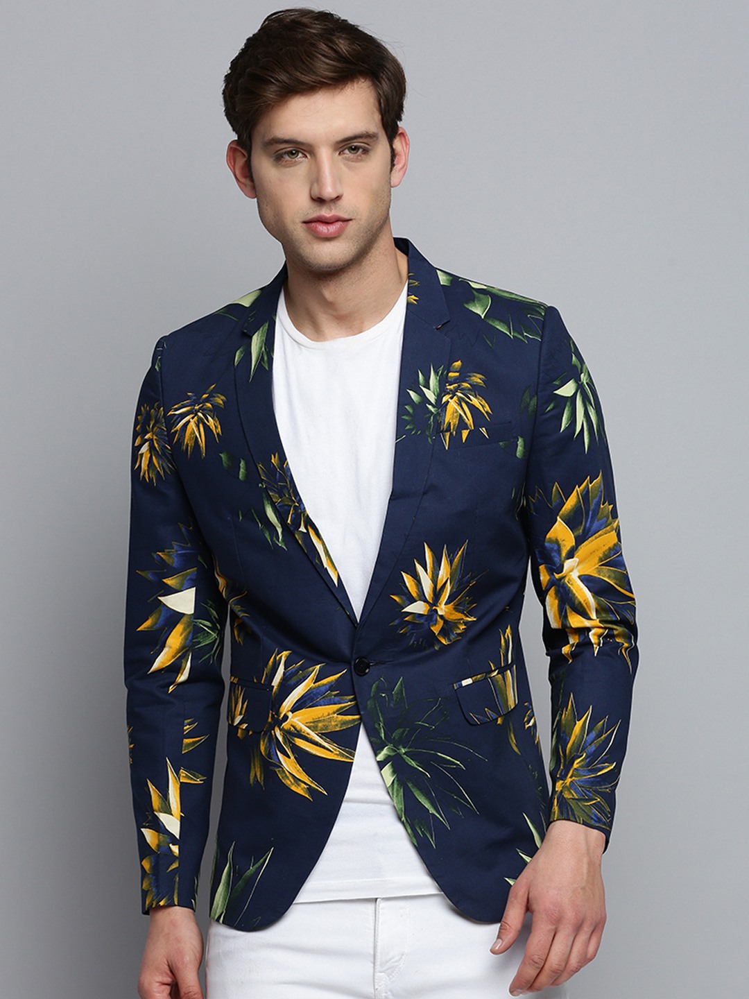 SHOWOFF Men's Printed Notched Lapel Navy Blue Single-Breasted Blazer