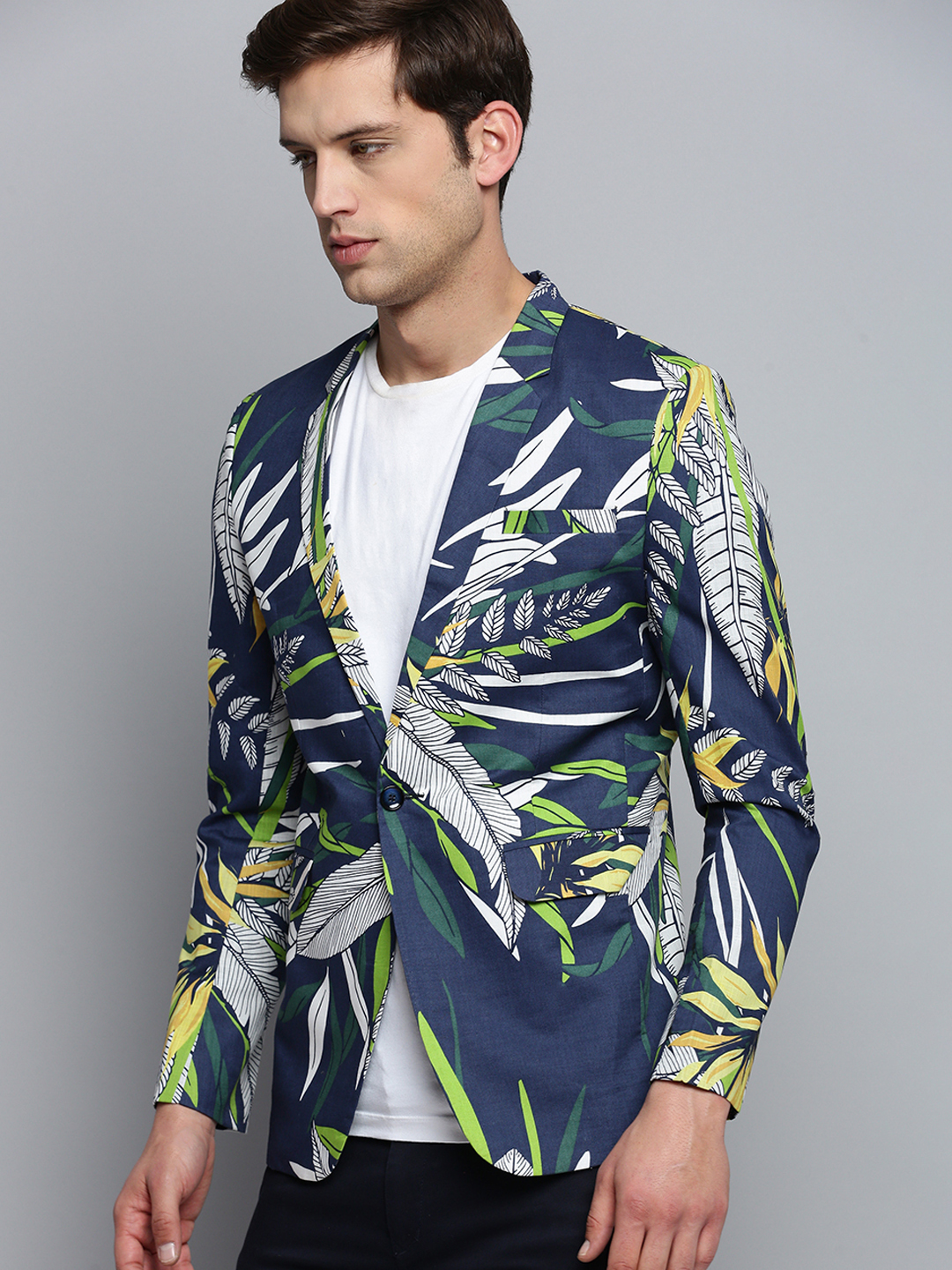 SHOWOFF Men's Printed Notched Lapel Navy Blue Single-Breasted Blazer
