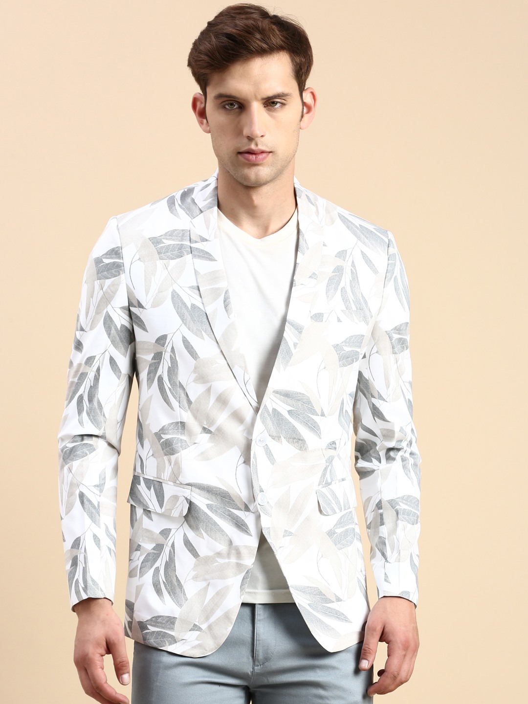 SHOWOFF Men's Single Breasted Off White Printed Slim Fit Blazer