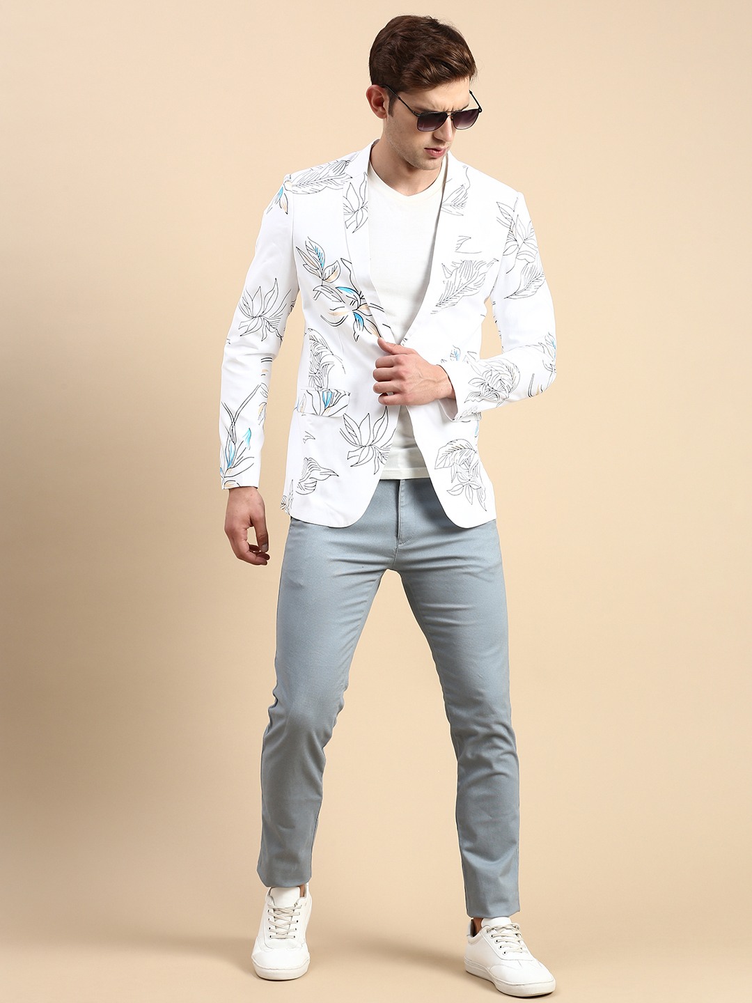 SHOWOFF Men's Single Breasted White Printed Slim Fit Blazer