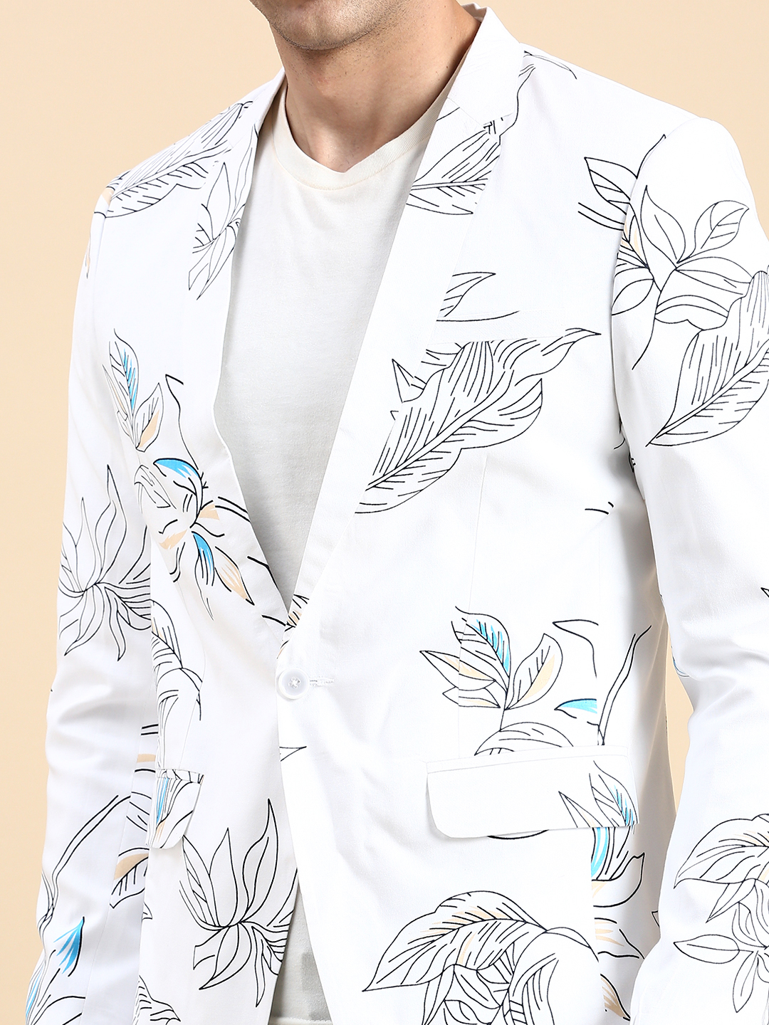 SHOWOFF Men's Single Breasted White Printed Slim Fit Blazer