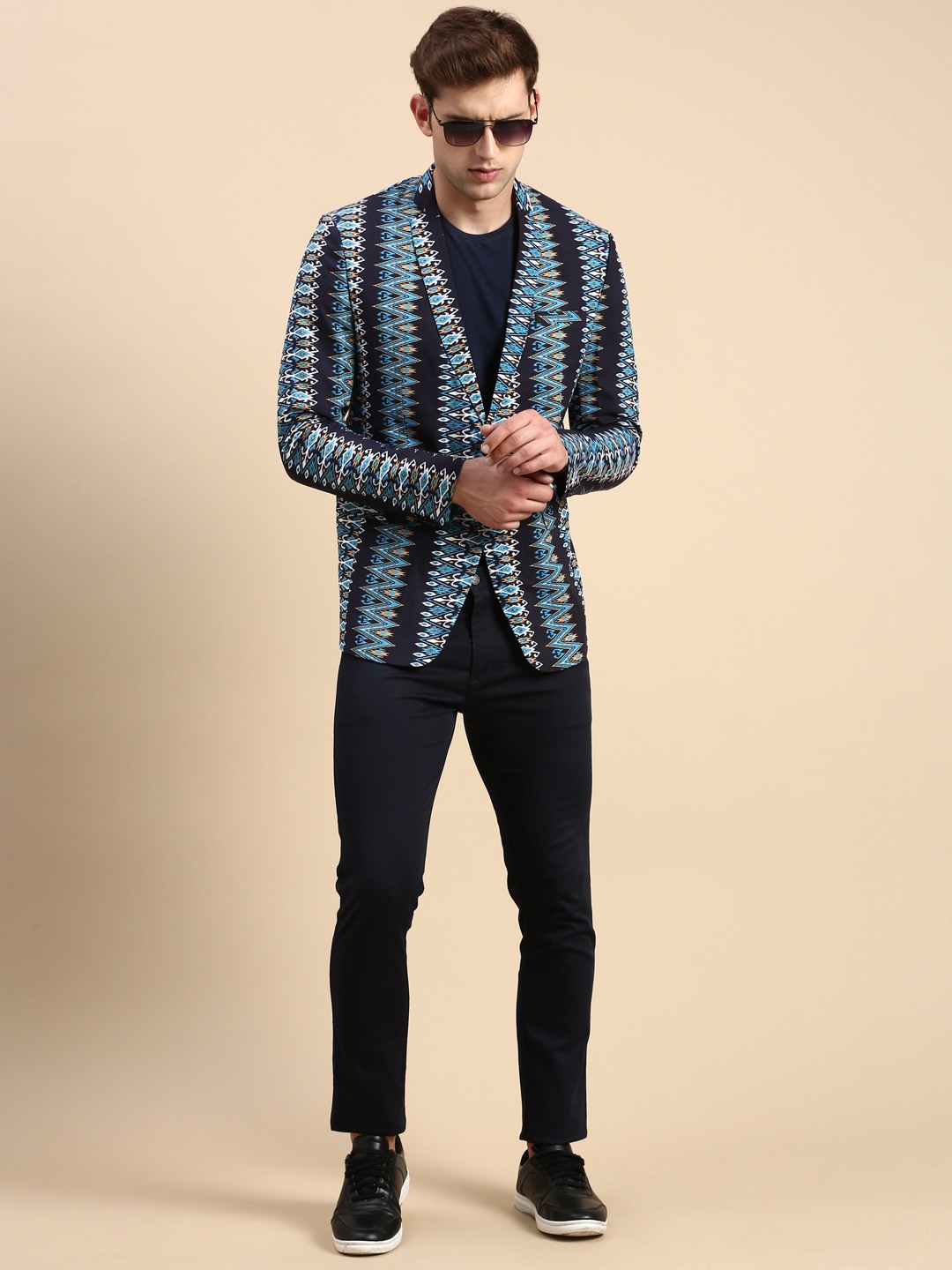 SHOWOFF Men's Single Breasted Navy Blue Printed Slim Fit Blazer
