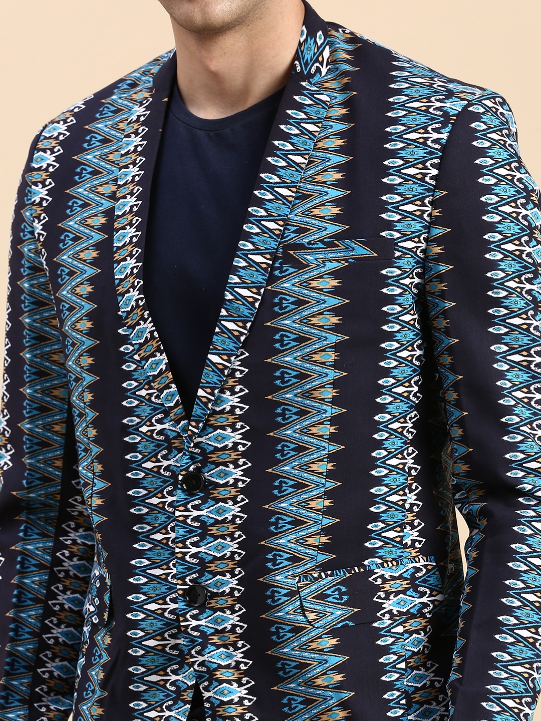 SHOWOFF Men's Single Breasted Navy Blue Printed Slim Fit Blazer