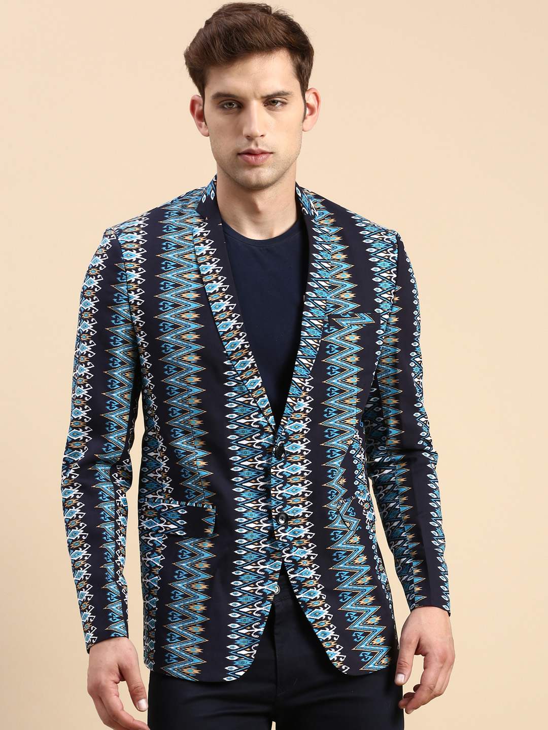 SHOWOFF Men's Single Breasted Navy Blue Printed Slim Fit Blazer