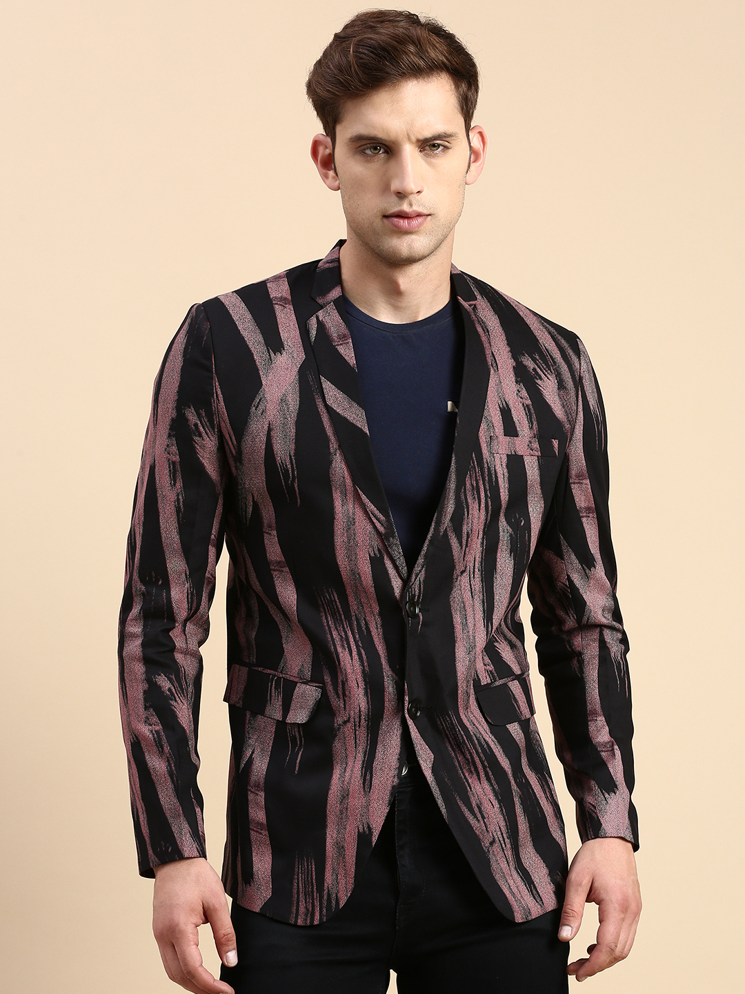 SHOWOFF Men's Single Breasted Black Printed Slim Fit Blazer