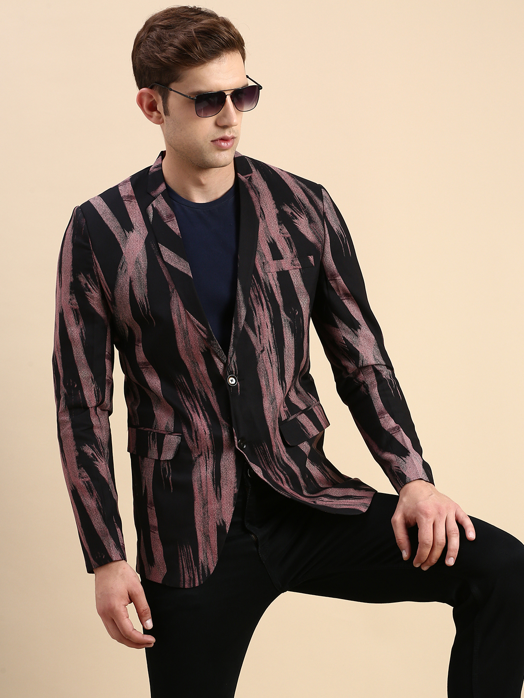 SHOWOFF Men's Single Breasted Black Printed Slim Fit Blazer