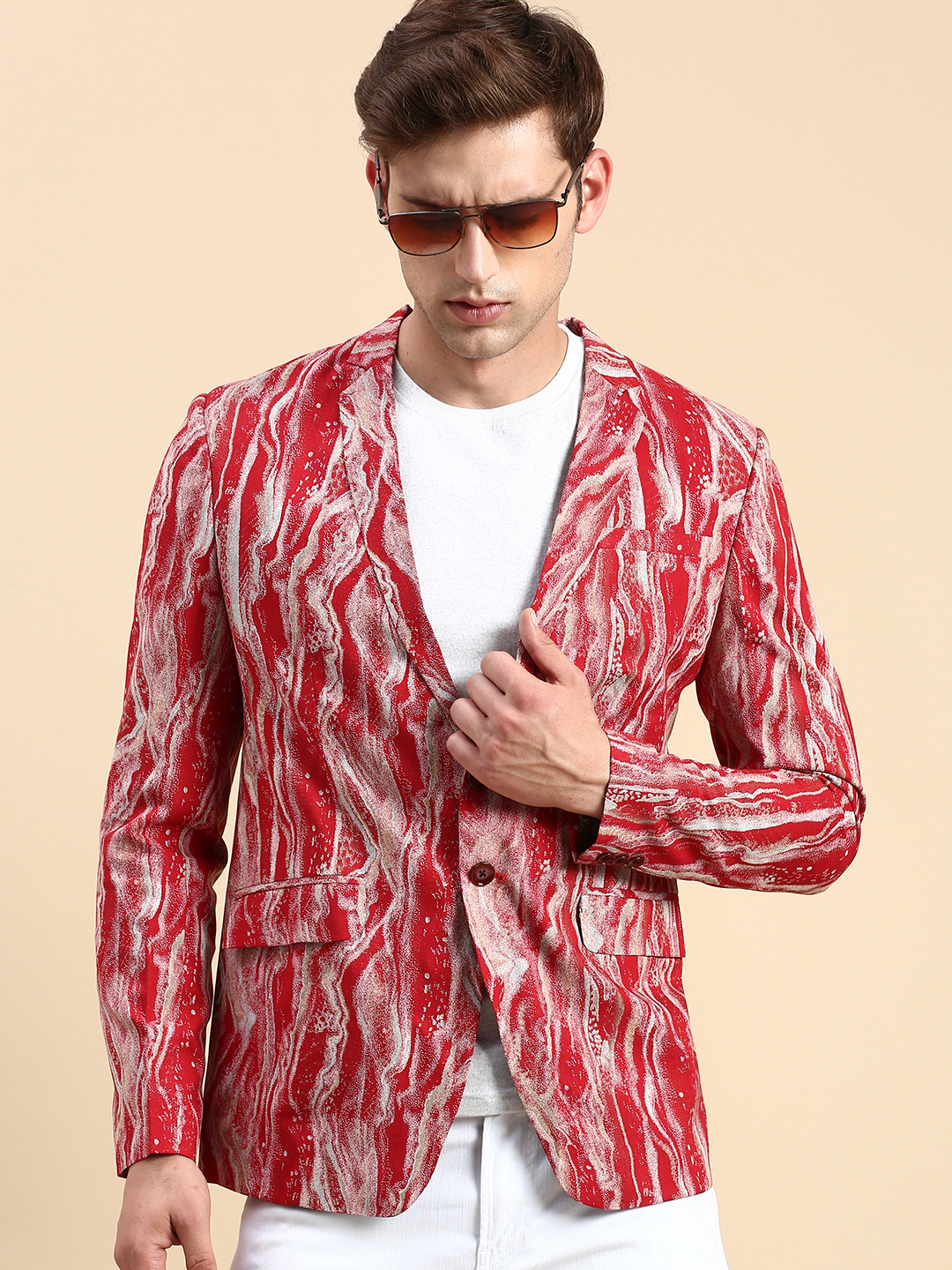 SHOWOFF Men's Single Breasted Maroon Printed Slim Fit Blazer
