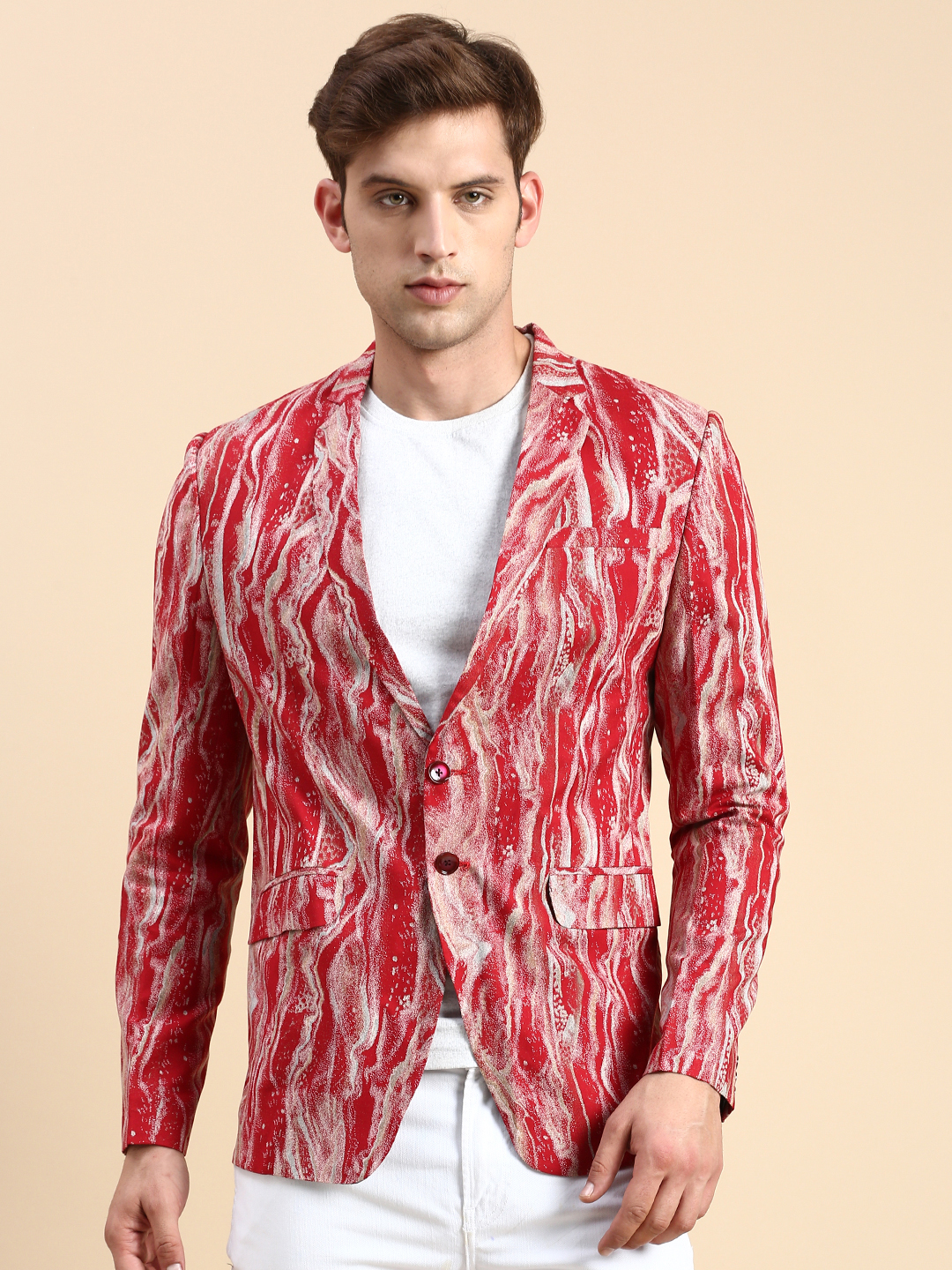 SHOWOFF Men's Single Breasted Maroon Printed Slim Fit Blazer