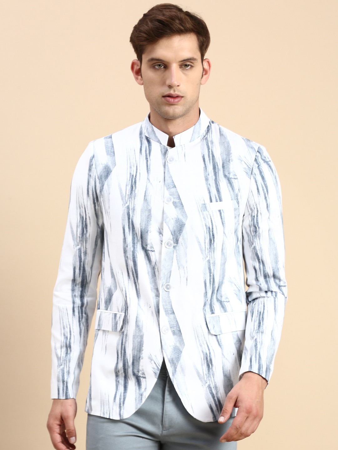 SHOWOFF Men's Printed Mandarin Collar Slim Fit Bandhgala White Blazer
