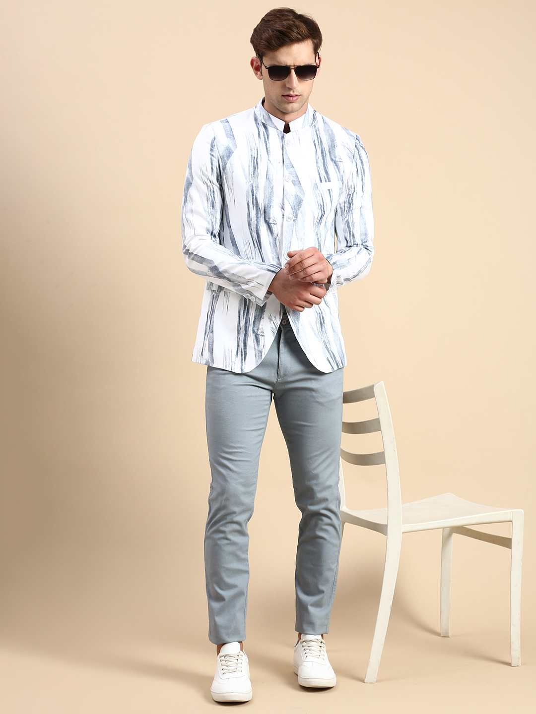 SHOWOFF Men's Printed Mandarin Collar Slim Fit Bandhgala White Blazer