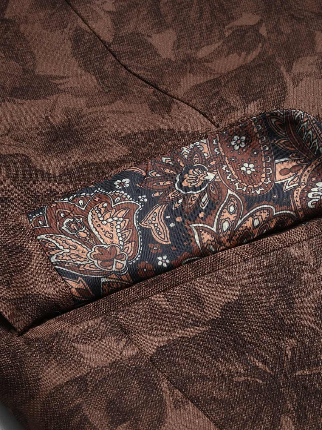 SHOWOFF Men's Printed Mandarin Collar Slim Fit Bandhgala Brown Blazer