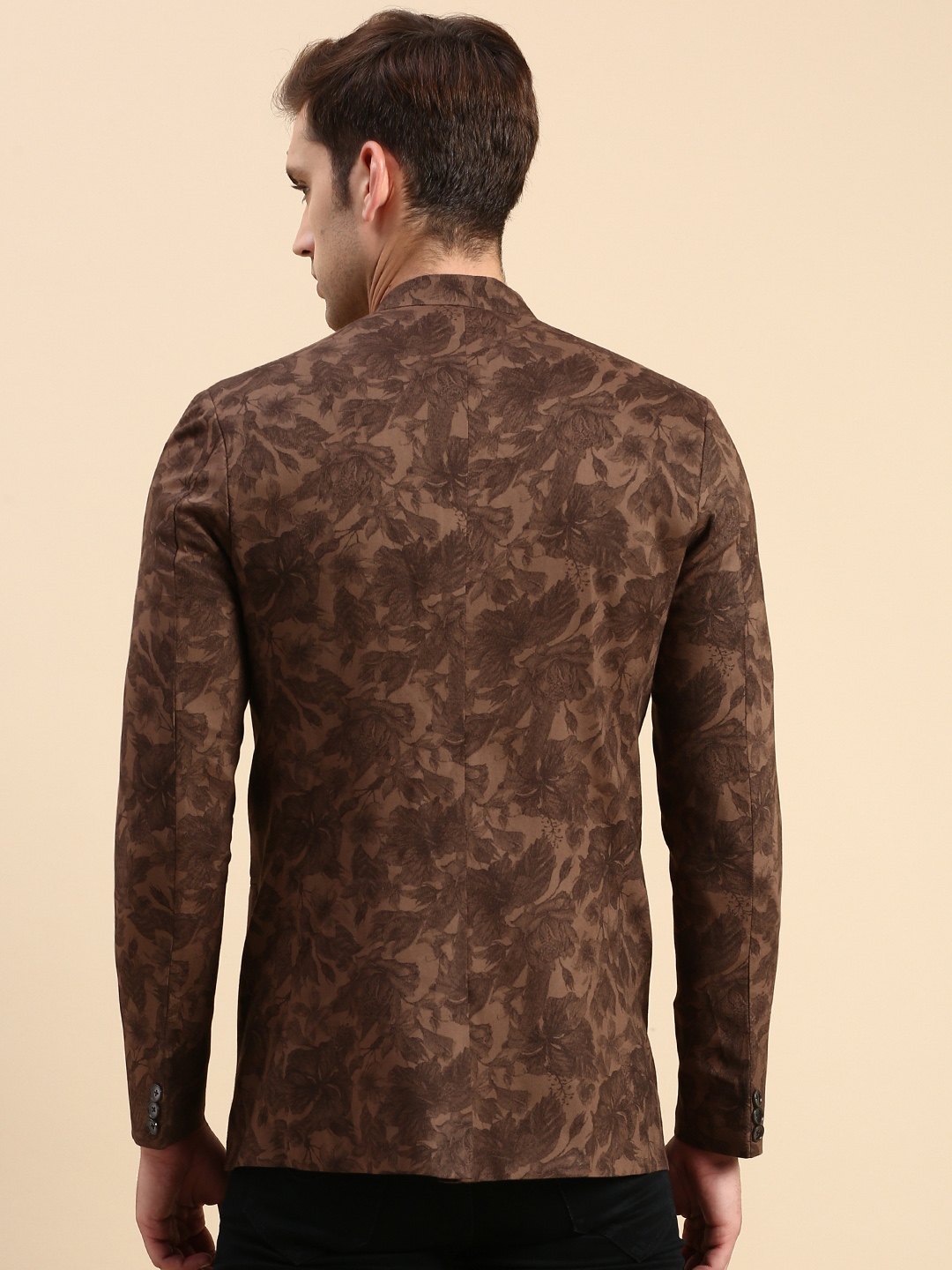 SHOWOFF Men's Printed Mandarin Collar Slim Fit Bandhgala Brown Blazer