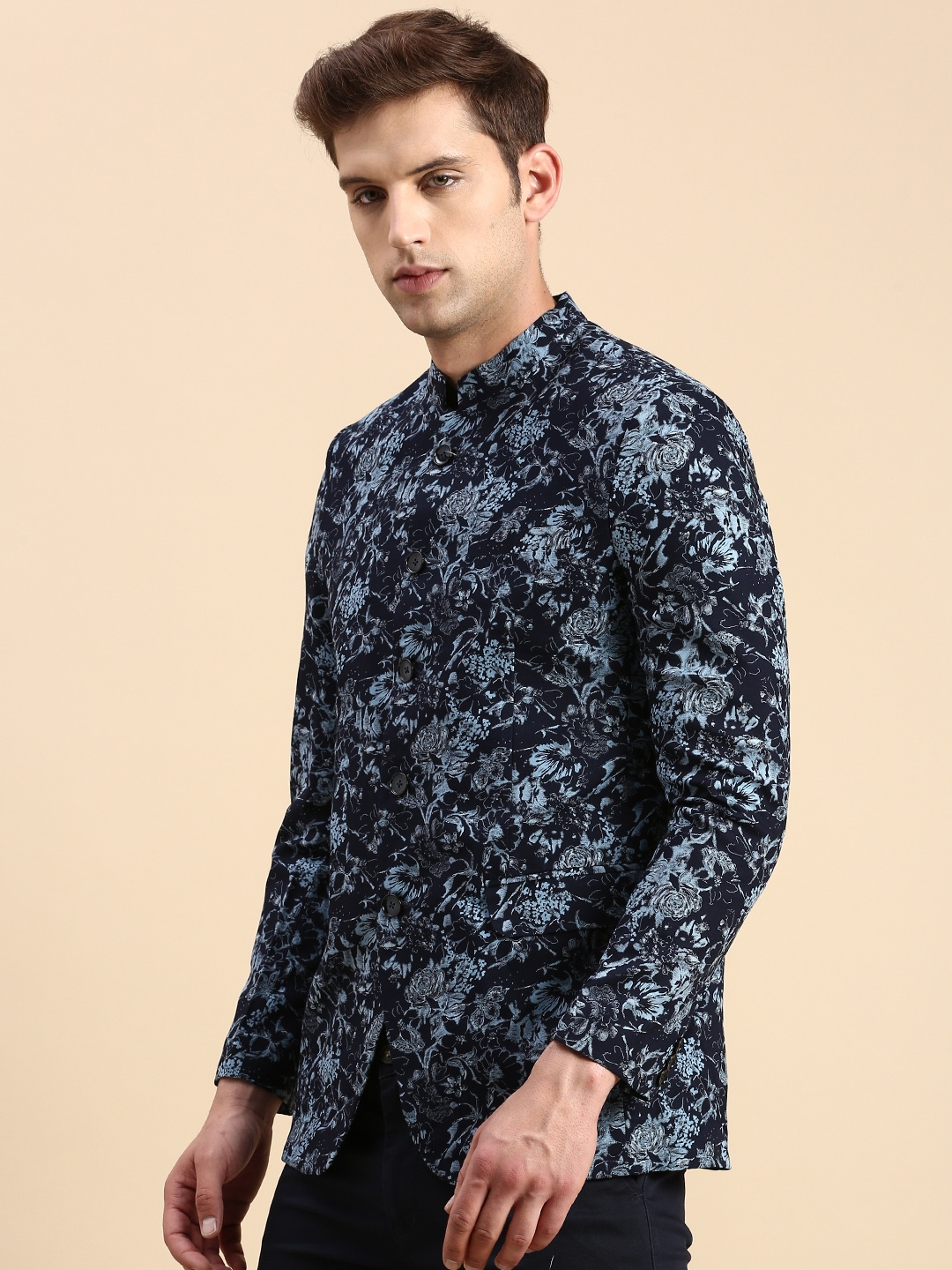 Showoff | SHOWOFF Men's Printed Mandarin Collar Slim Fit Bandhgala Navy Blue Blazer 2