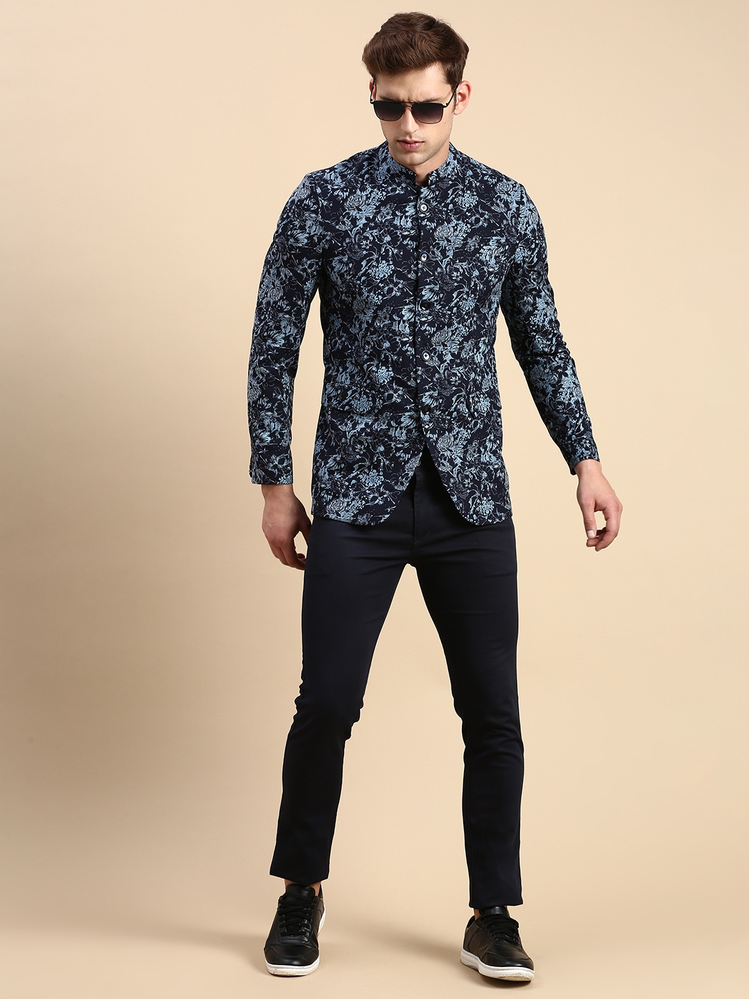 Showoff | SHOWOFF Men's Printed Mandarin Collar Slim Fit Bandhgala Navy Blue Blazer 4