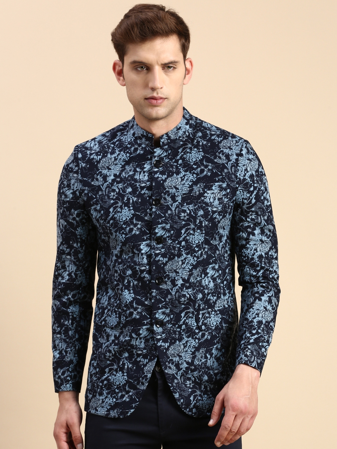 Showoff | SHOWOFF Men's Printed Mandarin Collar Slim Fit Bandhgala Navy Blue Blazer 1