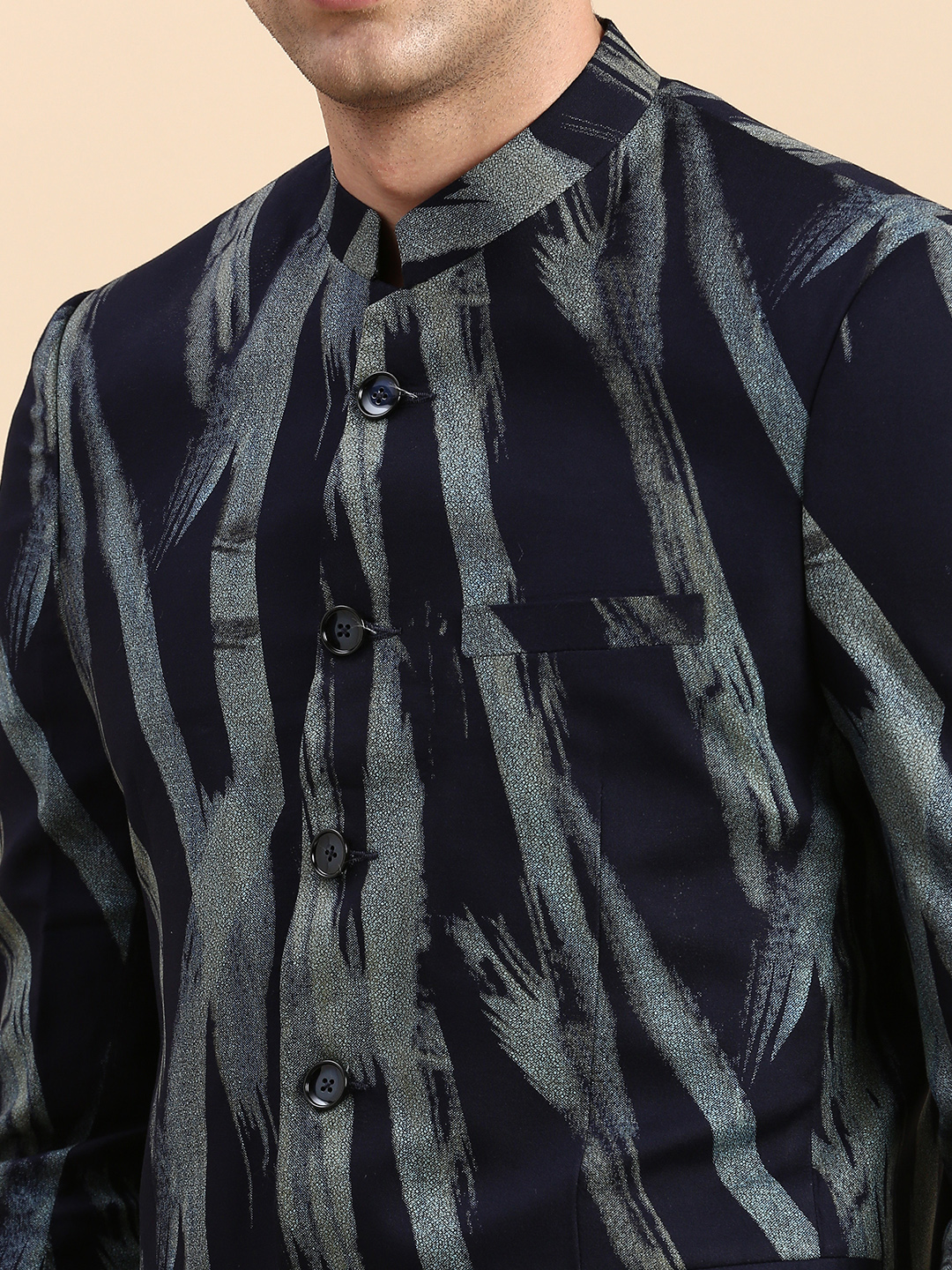 SHOWOFF Men's Printed Mandarin Collar Slim Fit Bandhgala Navy Blue Blazer