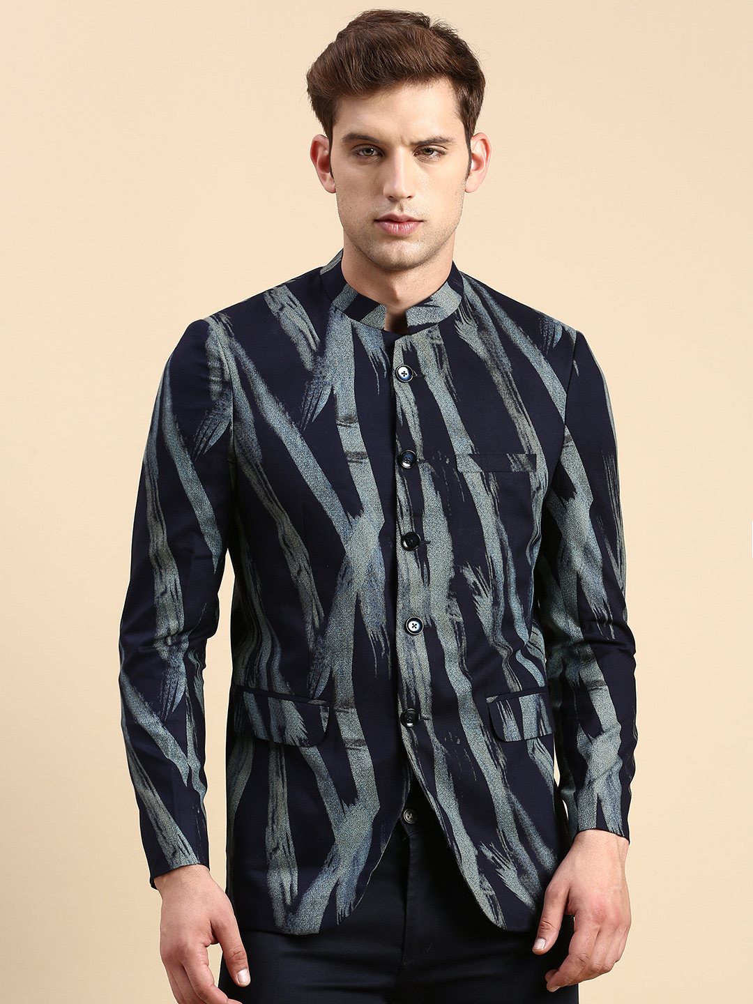 SHOWOFF Men's Printed Mandarin Collar Slim Fit Bandhgala Navy Blue Blazer