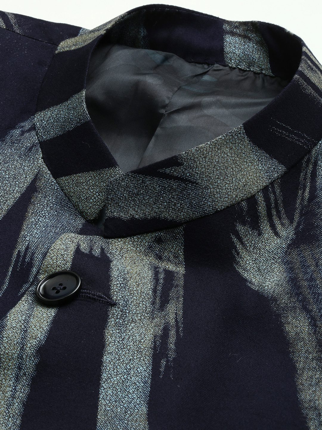 SHOWOFF Men's Printed Mandarin Collar Slim Fit Bandhgala Navy Blue Blazer