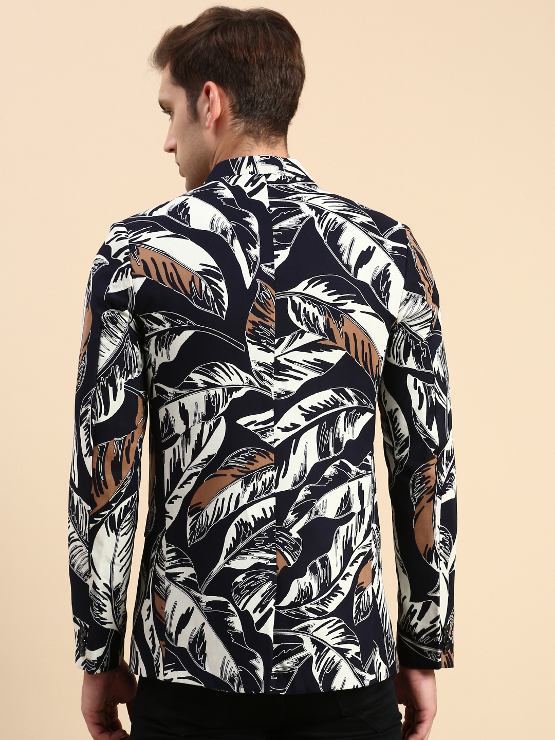 SHOWOFF Men's Printed Mandarin Collar Slim Fit Bandhgala Navy Blue Blazer