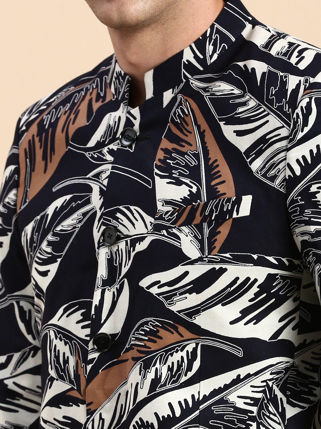 SHOWOFF Men's Printed Mandarin Collar Slim Fit Bandhgala Navy Blue Blazer