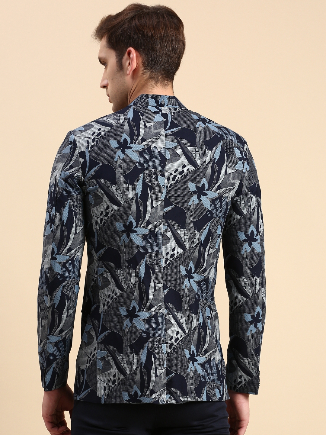 Showoff | SHOWOFF Men's Printed Mandarin Collar Slim Fit Bandhgala Navy Blue Blazer 3