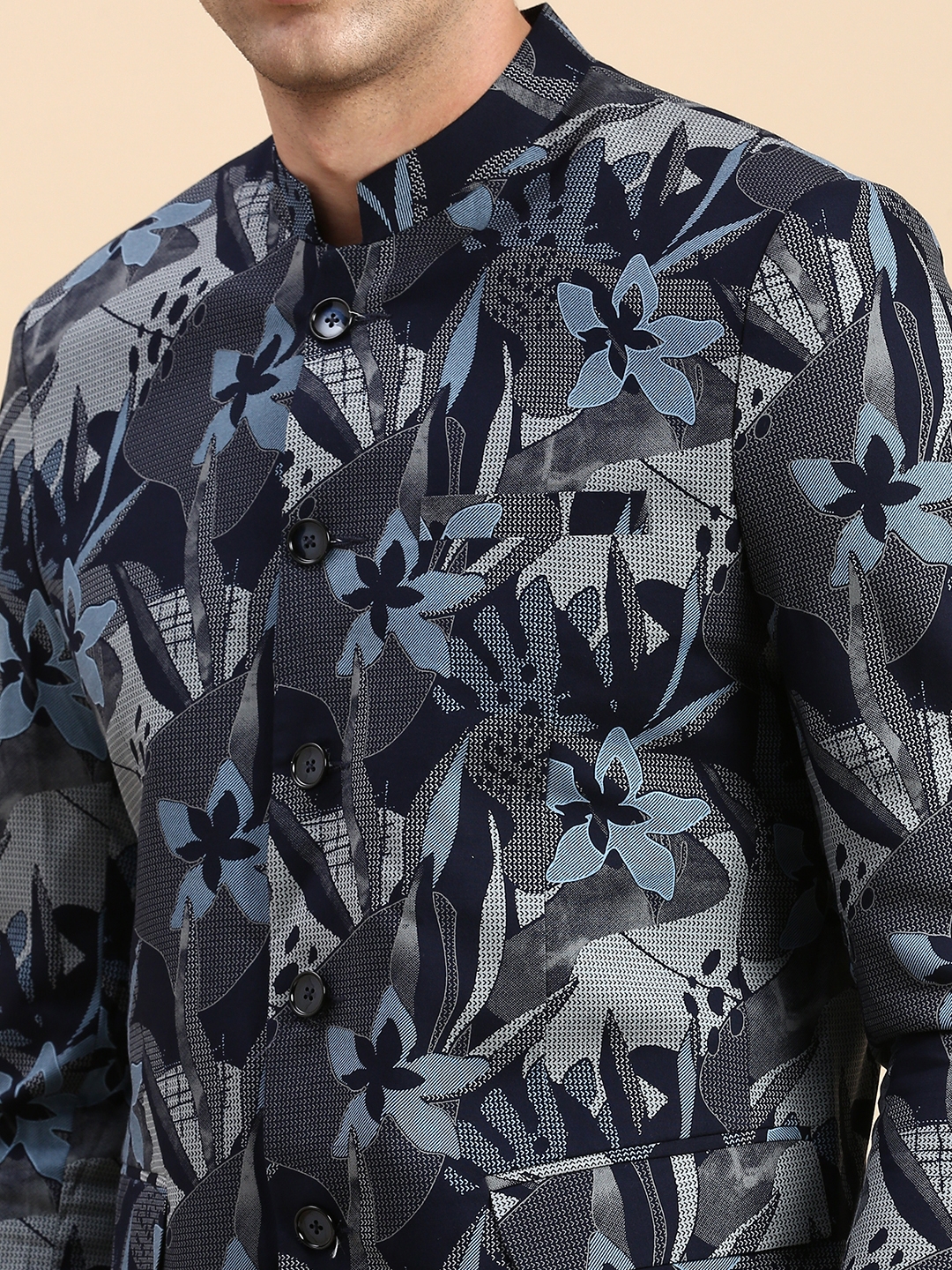 Showoff | SHOWOFF Men's Printed Mandarin Collar Slim Fit Bandhgala Navy Blue Blazer 5