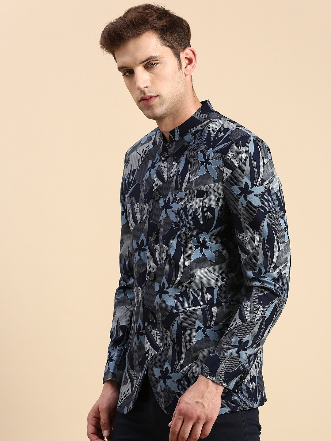 Showoff | SHOWOFF Men's Printed Mandarin Collar Slim Fit Bandhgala Navy Blue Blazer 2