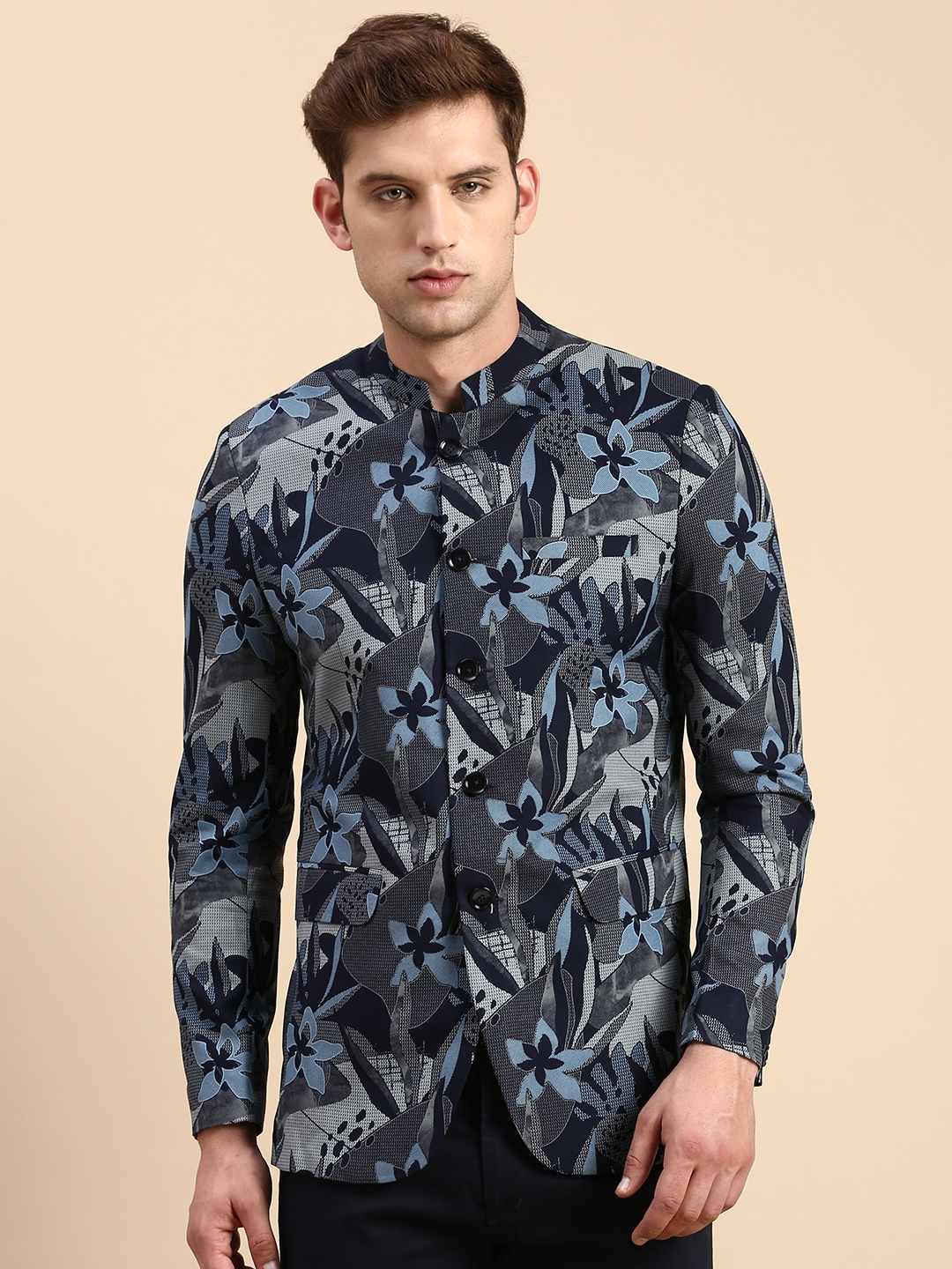 Showoff | SHOWOFF Men's Printed Mandarin Collar Slim Fit Bandhgala Navy Blue Blazer 1