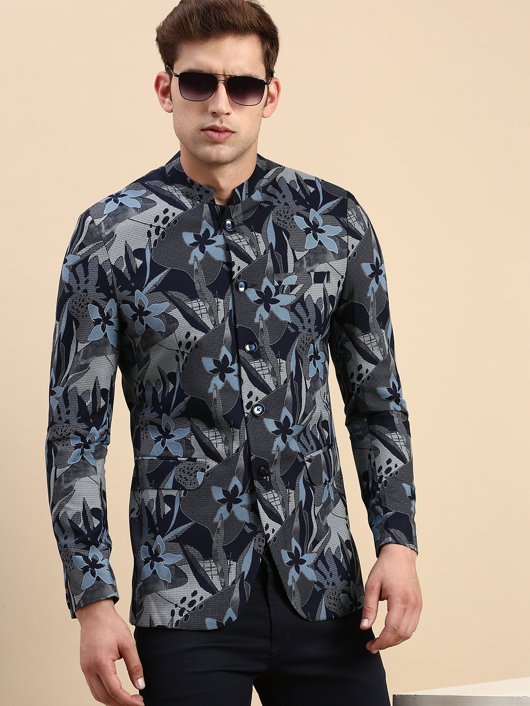 Showoff | SHOWOFF Men's Printed Mandarin Collar Slim Fit Bandhgala Navy Blue Blazer 0