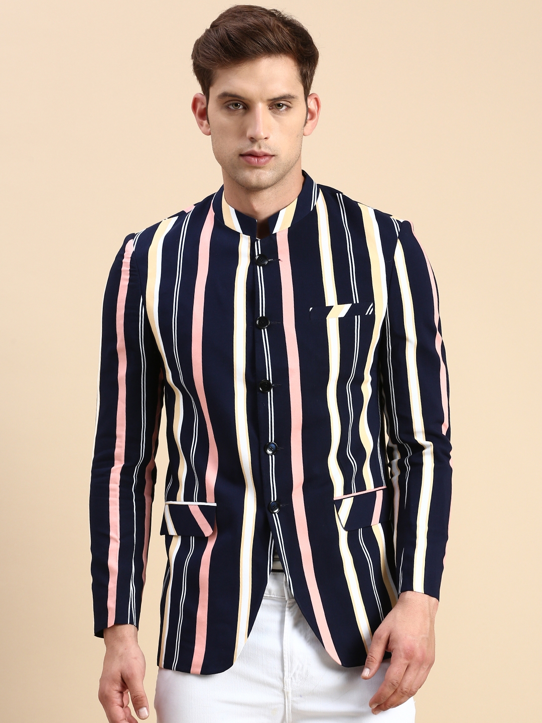 Showoff | SHOWOFF Men's Striped Mandarin Collar Slim Fit Bandhgala Navy Blue Blazer 1