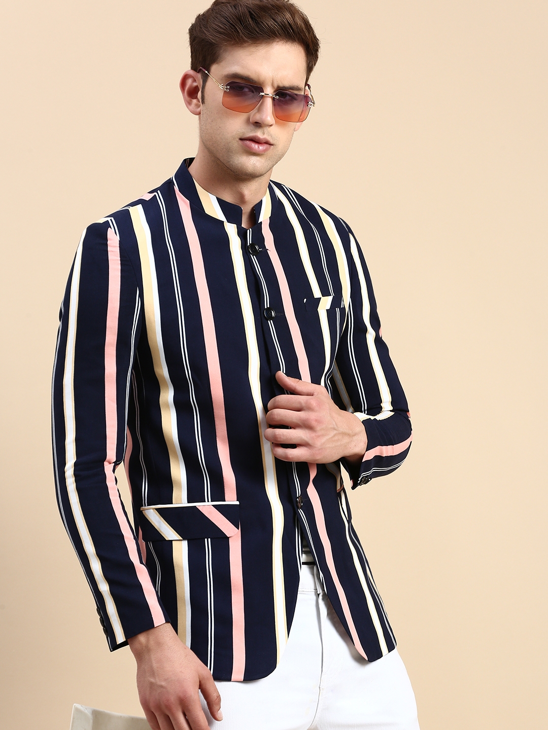 Showoff | SHOWOFF Men's Striped Mandarin Collar Slim Fit Bandhgala Navy Blue Blazer 0