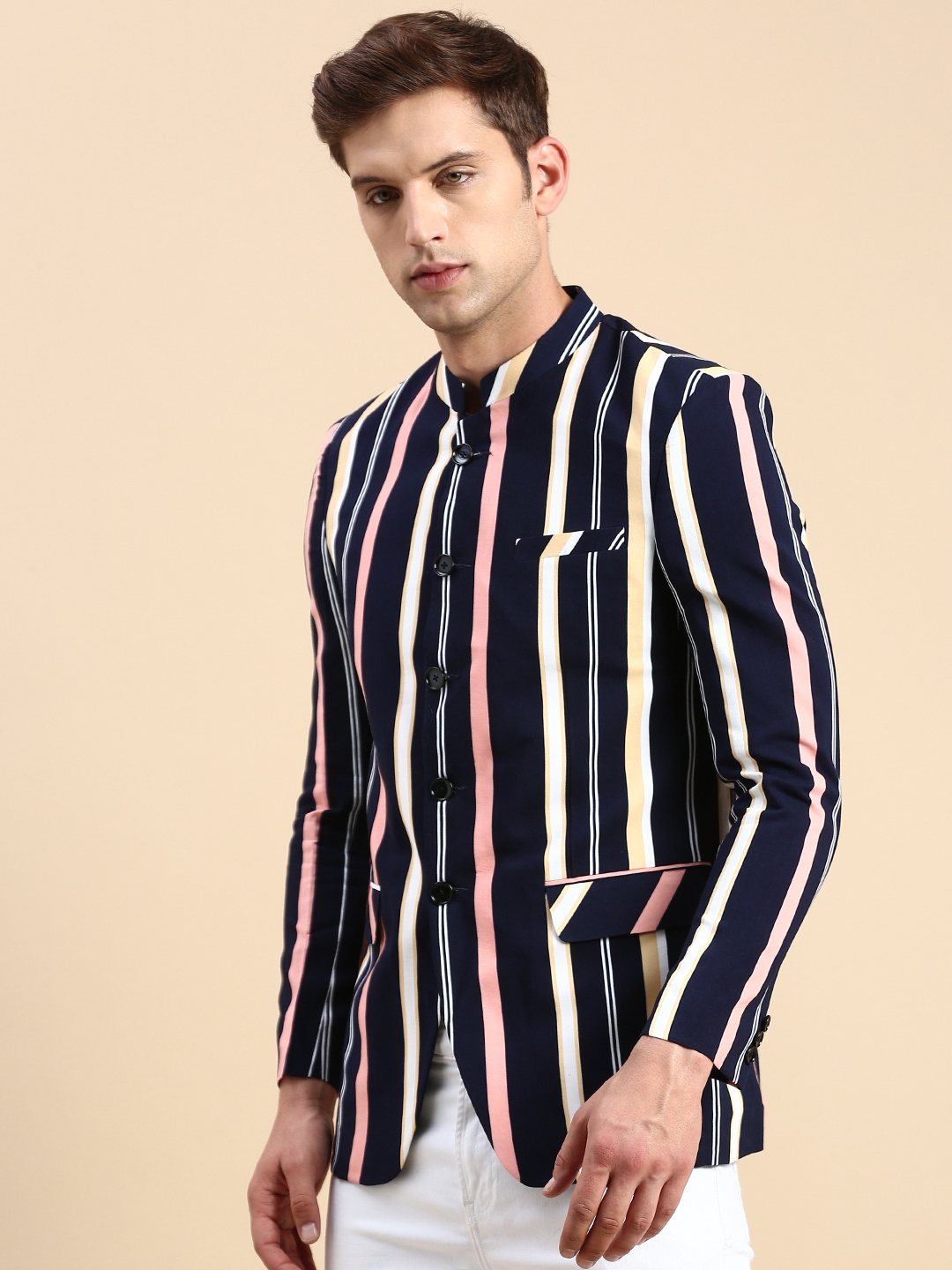 Showoff | SHOWOFF Men's Striped Mandarin Collar Slim Fit Bandhgala Navy Blue Blazer 2