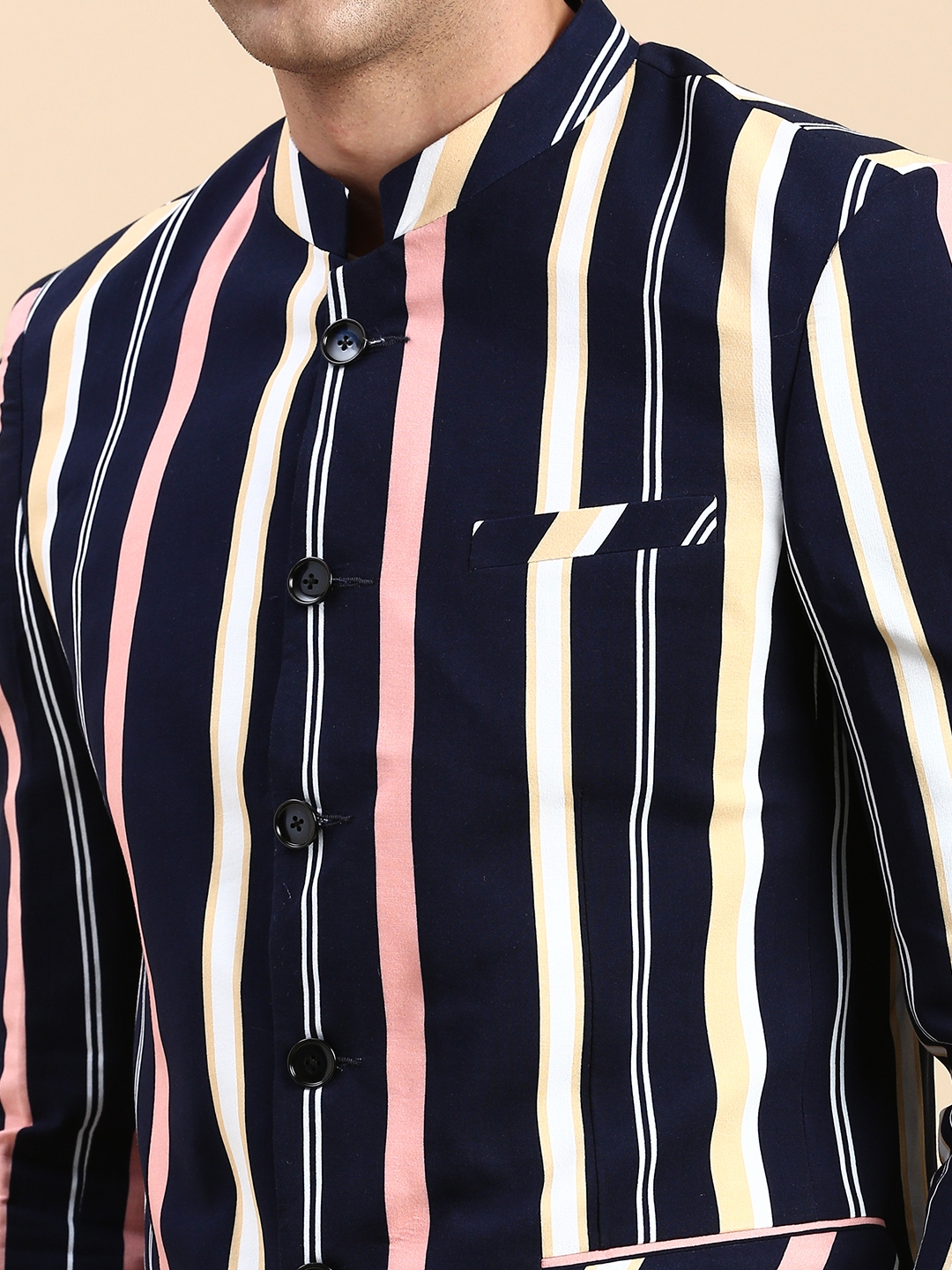 Showoff | SHOWOFF Men's Striped Mandarin Collar Slim Fit Bandhgala Navy Blue Blazer 5