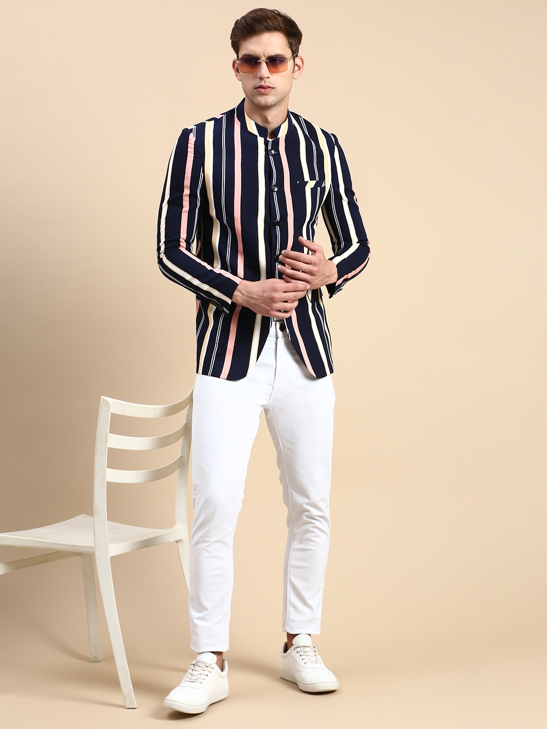 Showoff | SHOWOFF Men's Striped Mandarin Collar Slim Fit Bandhgala Navy Blue Blazer 4
