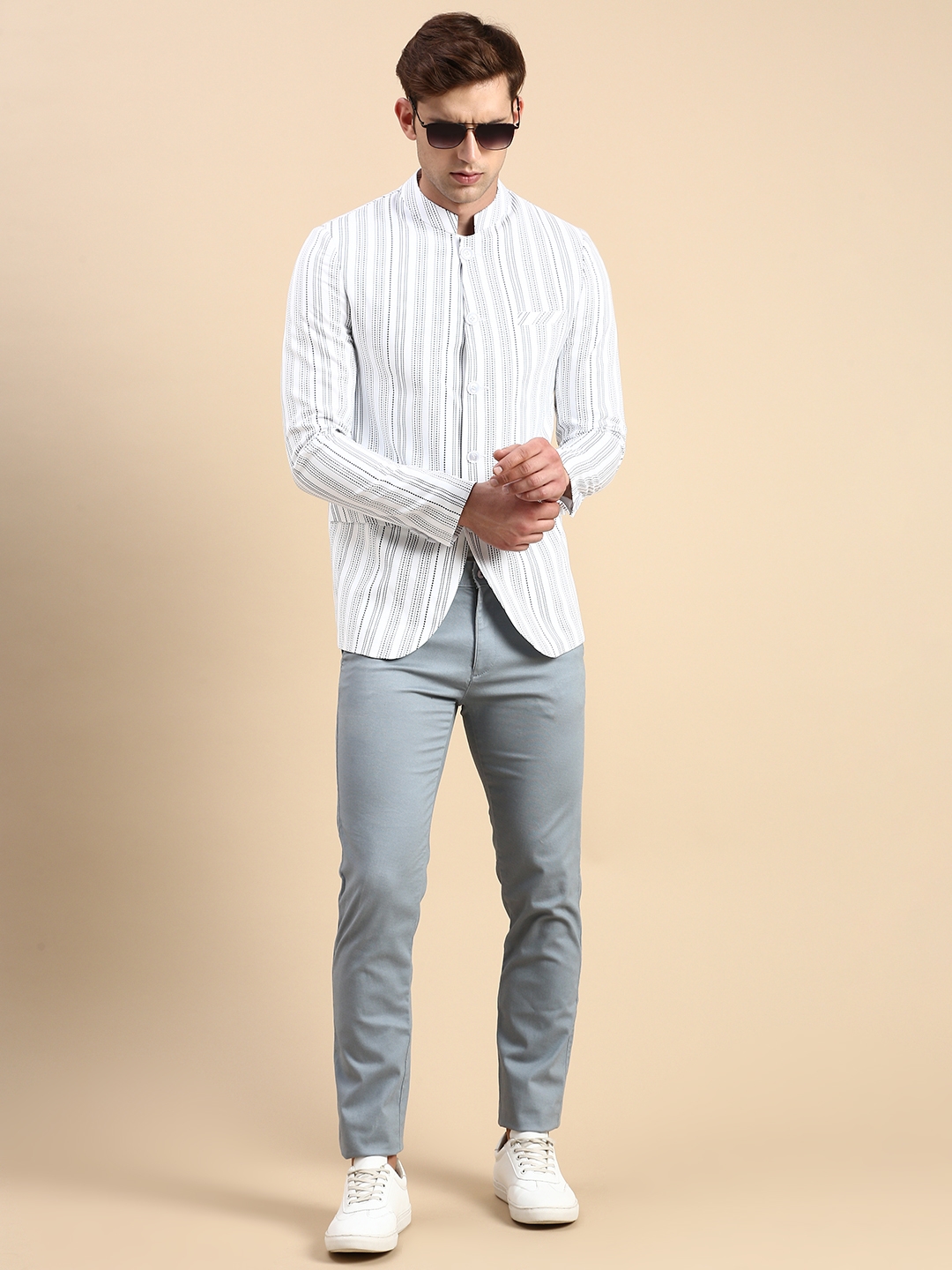 Showoff | SHOWOFF Men's Striped Mandarin Collar Slim Fit Bandhgala White Blazer 4