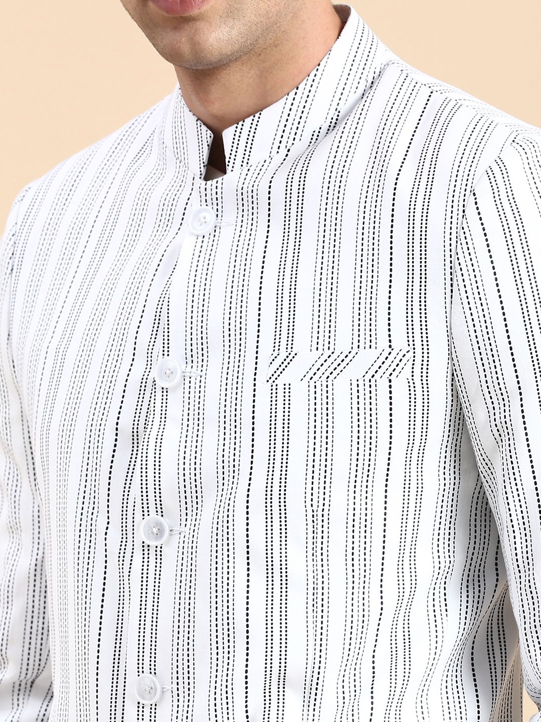 Showoff | SHOWOFF Men's Striped Mandarin Collar Slim Fit Bandhgala White Blazer 5
