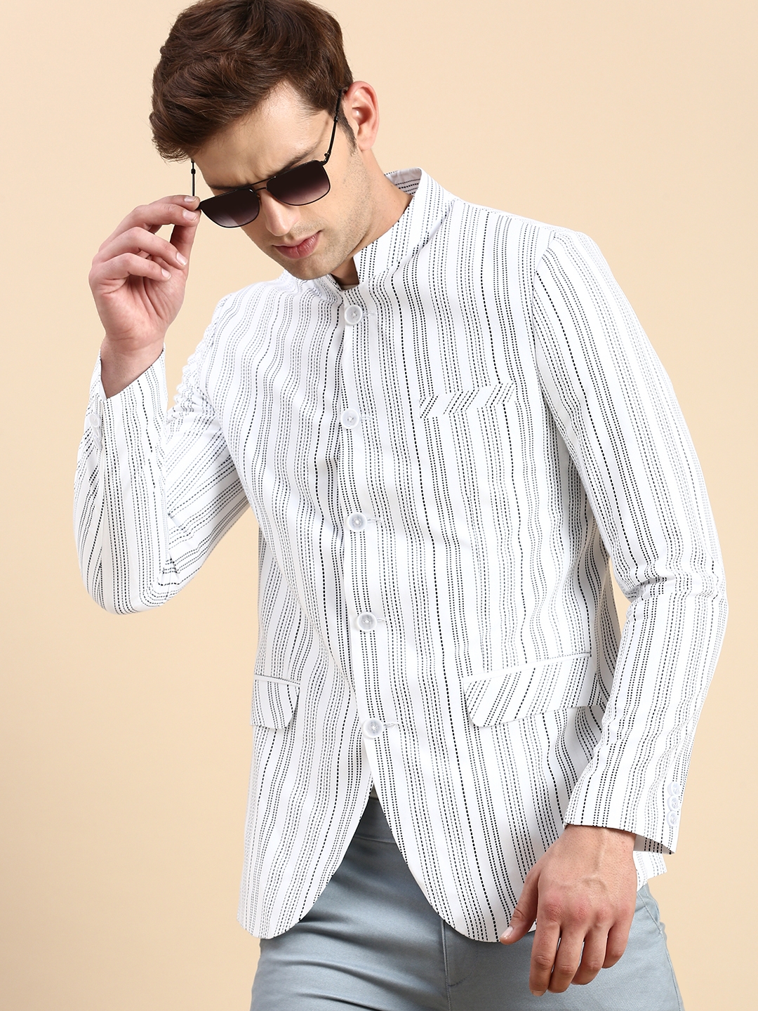 Showoff | SHOWOFF Men's Striped Mandarin Collar Slim Fit Bandhgala White Blazer 0
