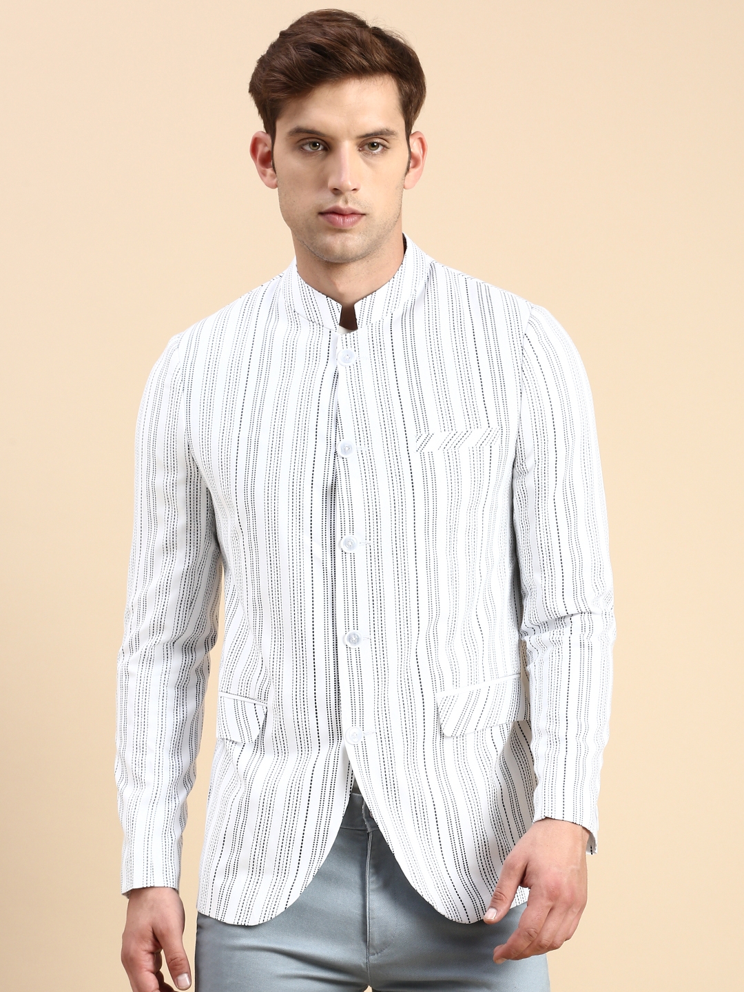 Showoff | SHOWOFF Men's Striped Mandarin Collar Slim Fit Bandhgala White Blazer 1
