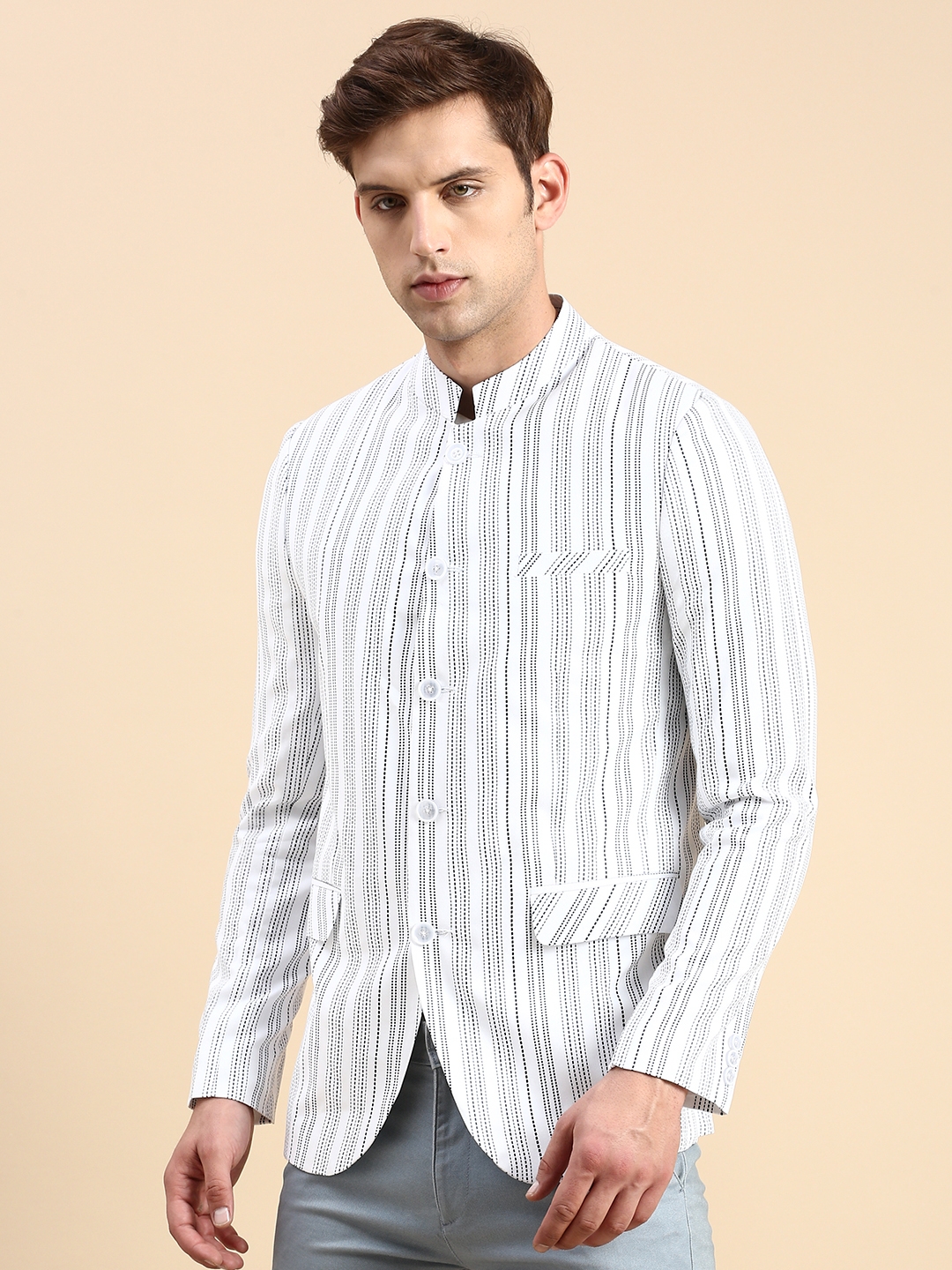 Showoff | SHOWOFF Men's Striped Mandarin Collar Slim Fit Bandhgala White Blazer 2