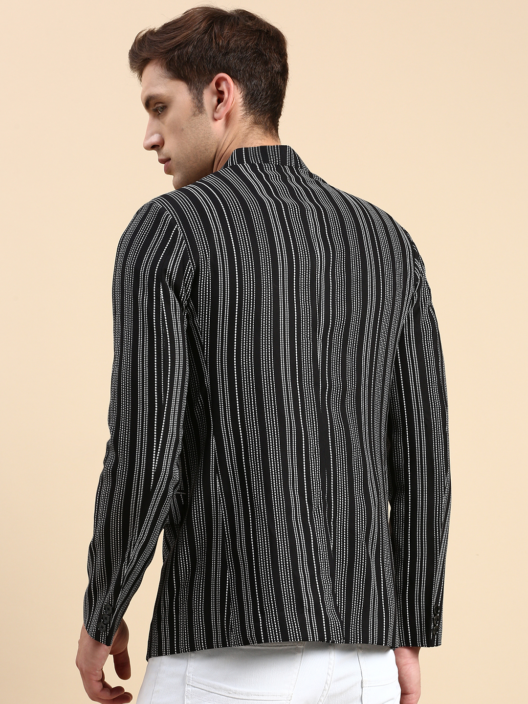 SHOWOFF Men's Striped Mandarin Collar Slim Fit Bandhgala Black Blazer