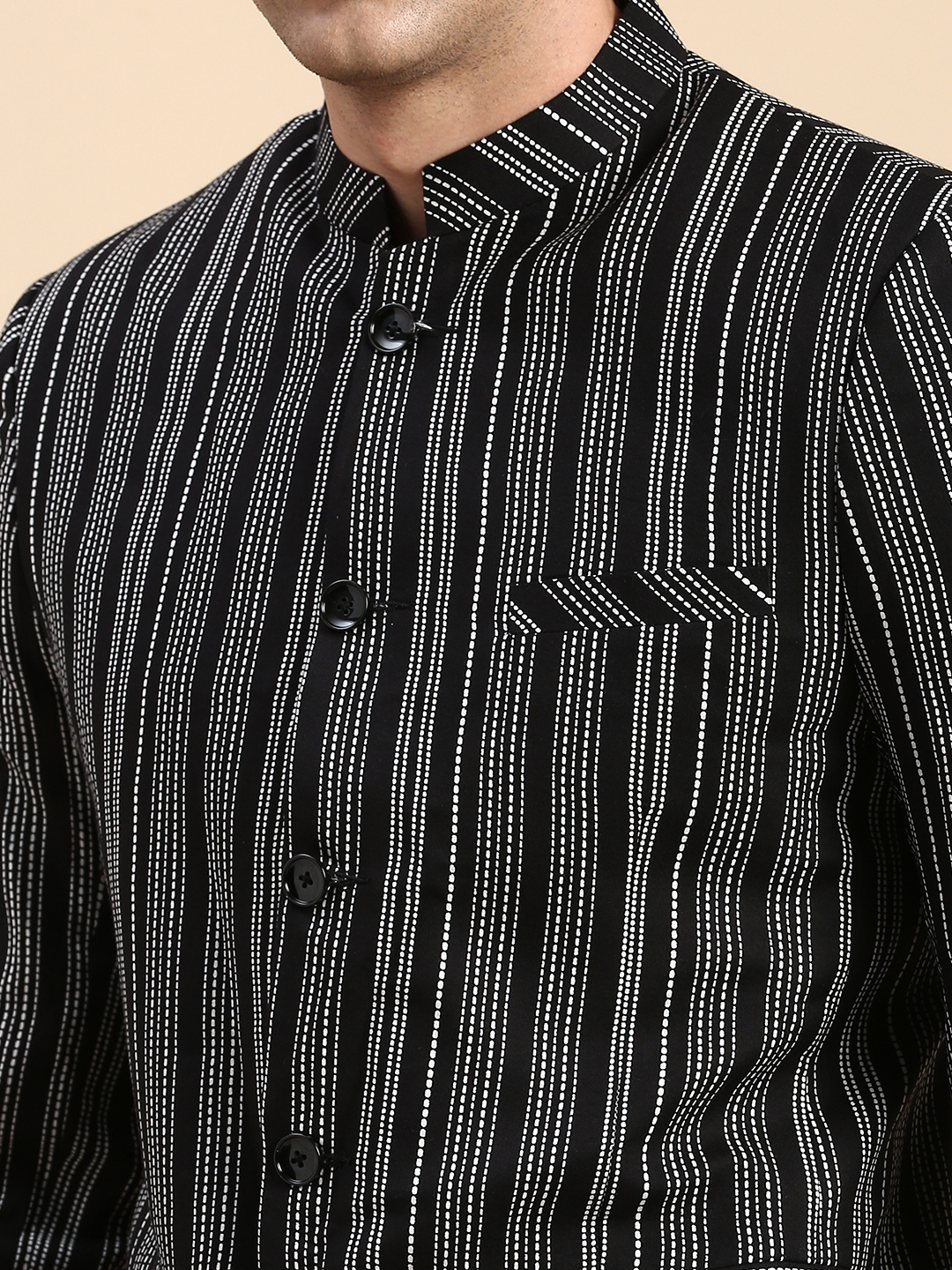 SHOWOFF Men's Striped Mandarin Collar Slim Fit Bandhgala Black Blazer