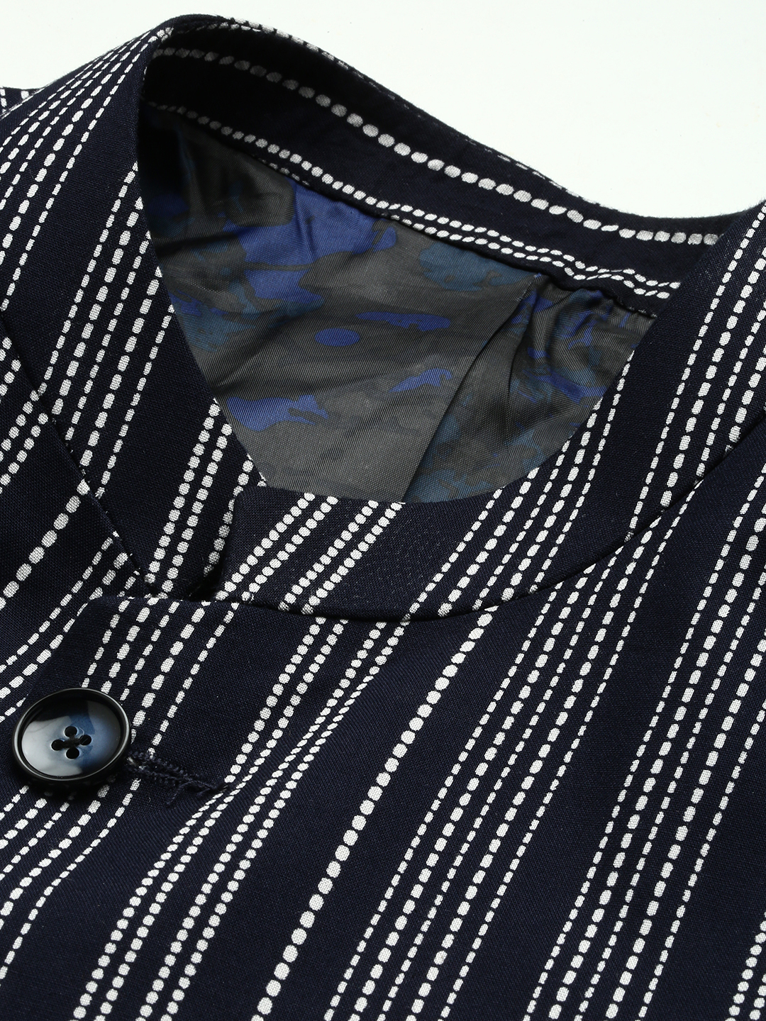 SHOWOFF Men's Striped Mandarin Collar Slim Fit Bandhgala Navy Blue Blazer