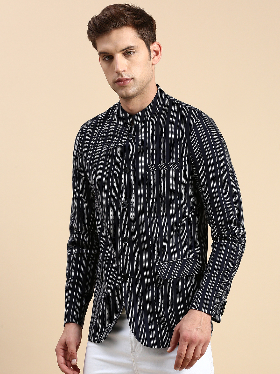SHOWOFF Men's Striped Mandarin Collar Slim Fit Bandhgala Navy Blue Blazer