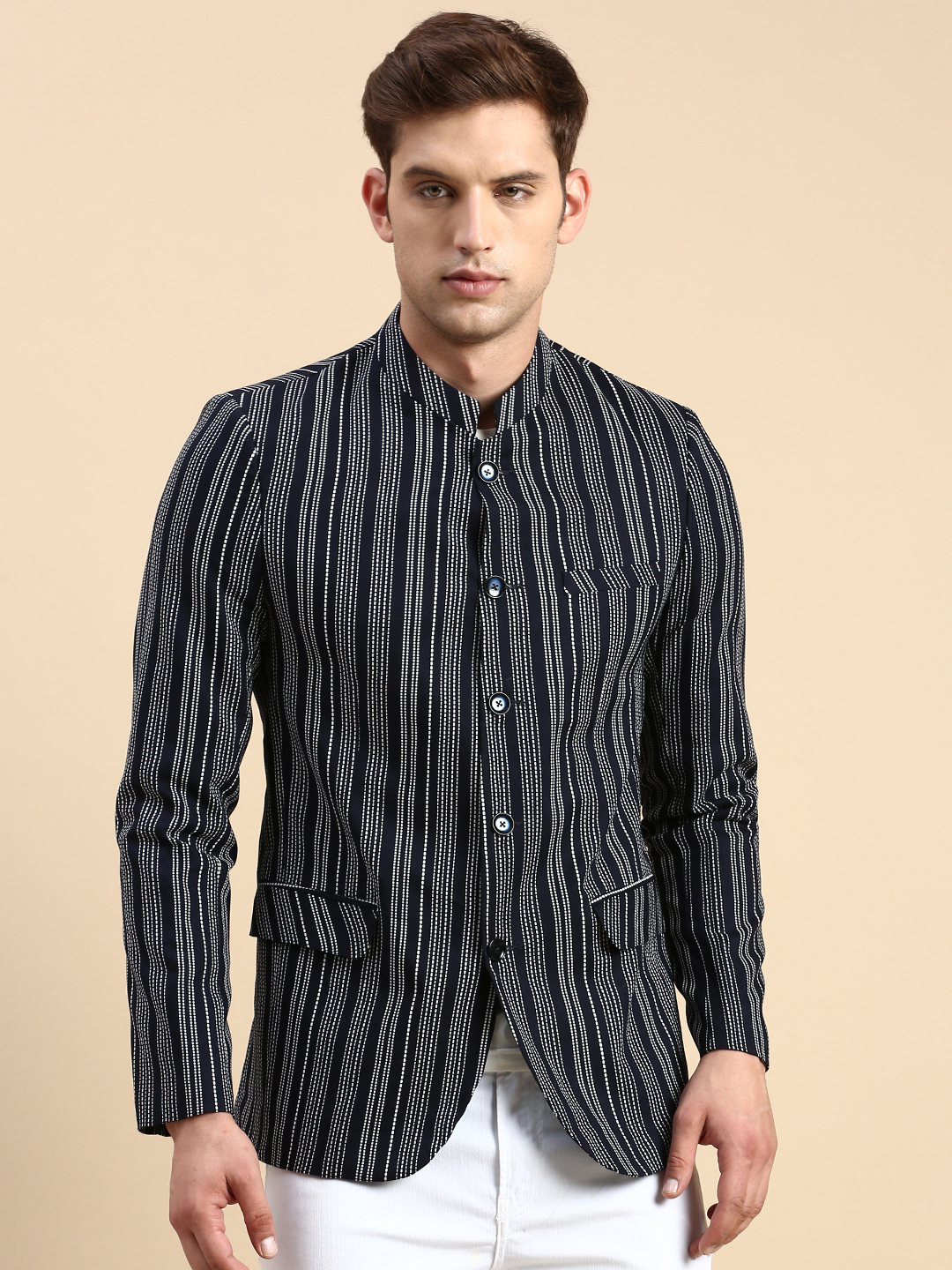 SHOWOFF Men's Striped Mandarin Collar Slim Fit Bandhgala Navy Blue Blazer