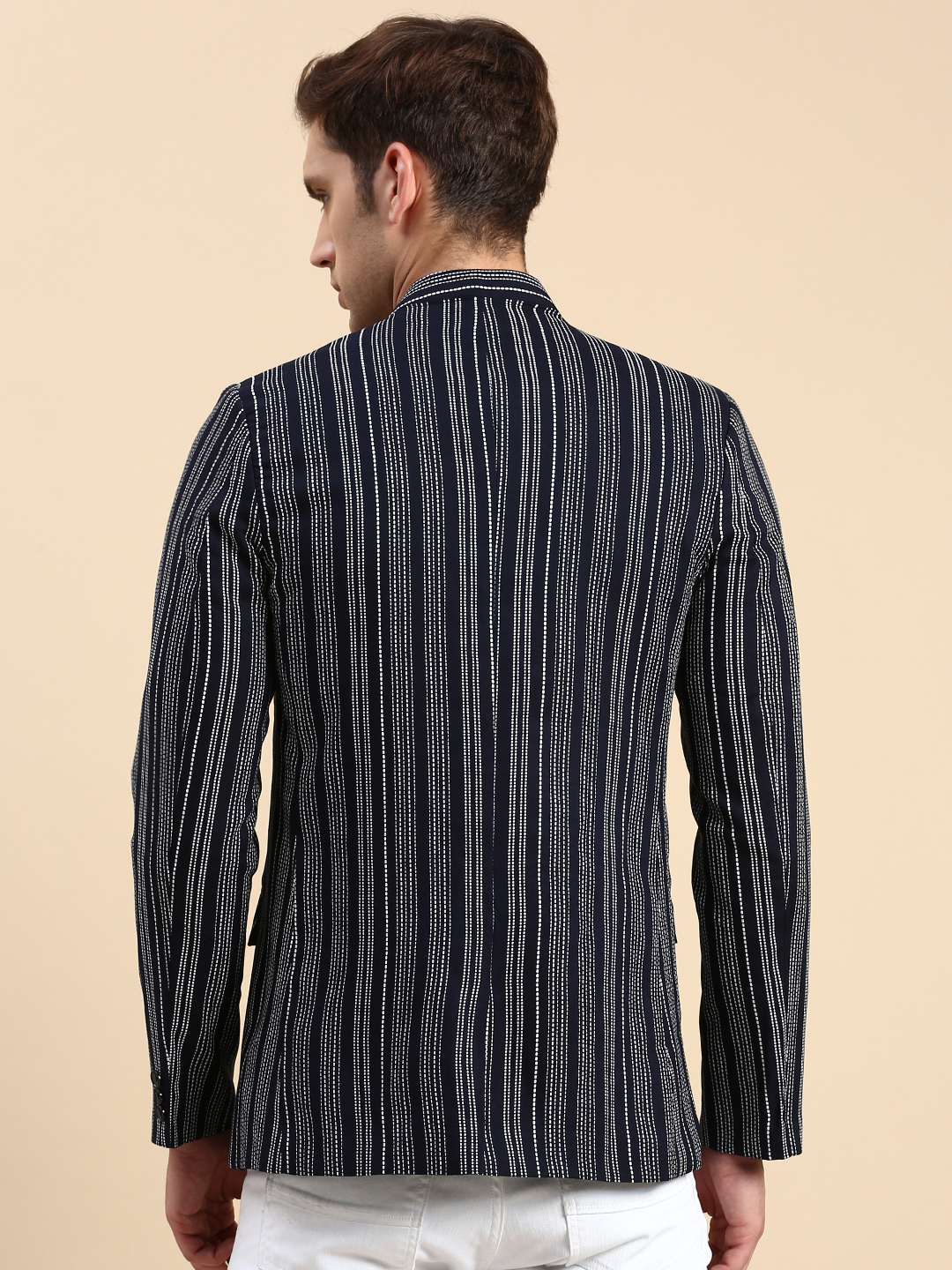 SHOWOFF Men's Striped Mandarin Collar Slim Fit Bandhgala Navy Blue Blazer