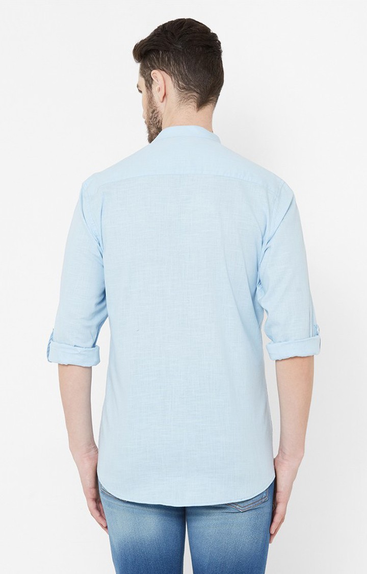 EVOQ Sky Blue Full Sleeves Mandarin Collar Cotton-Linen Shirt for Men