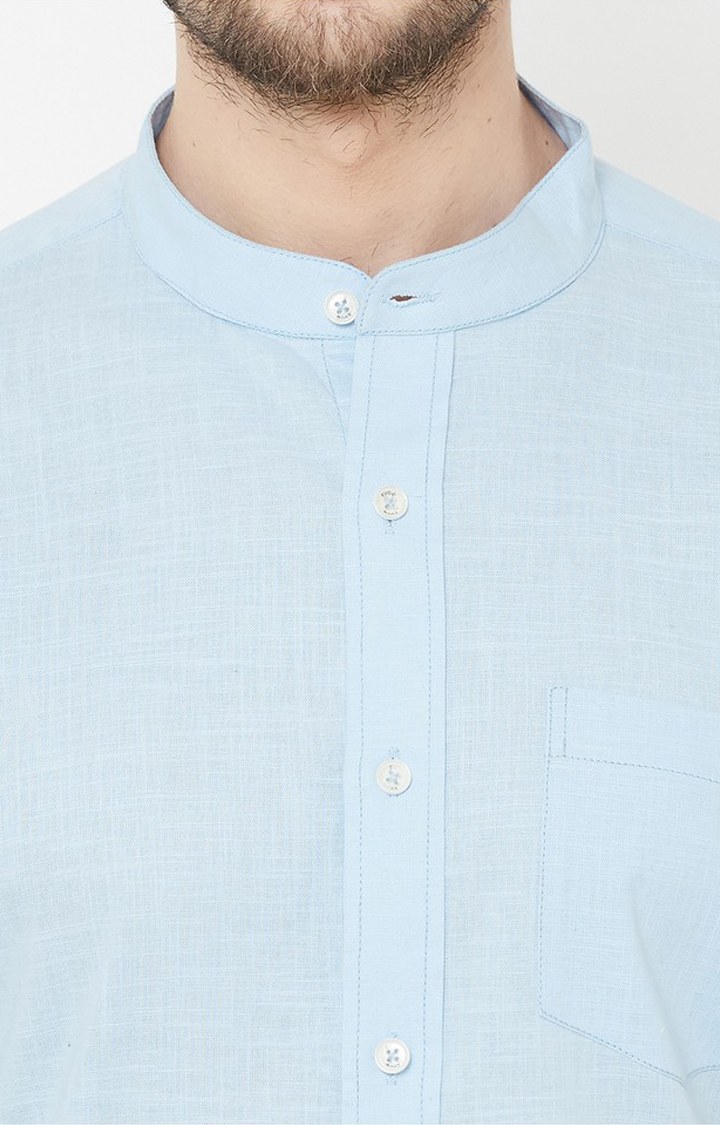 EVOQ Sky Blue Full Sleeves Mandarin Collar Cotton-Linen Shirt for Men
