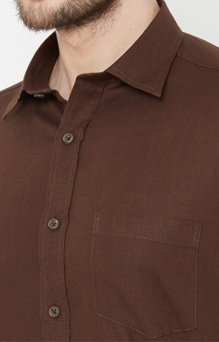 EVOQ | EVOQ Brown Cotton-Linen Full Sleeves Shirt for Men 6